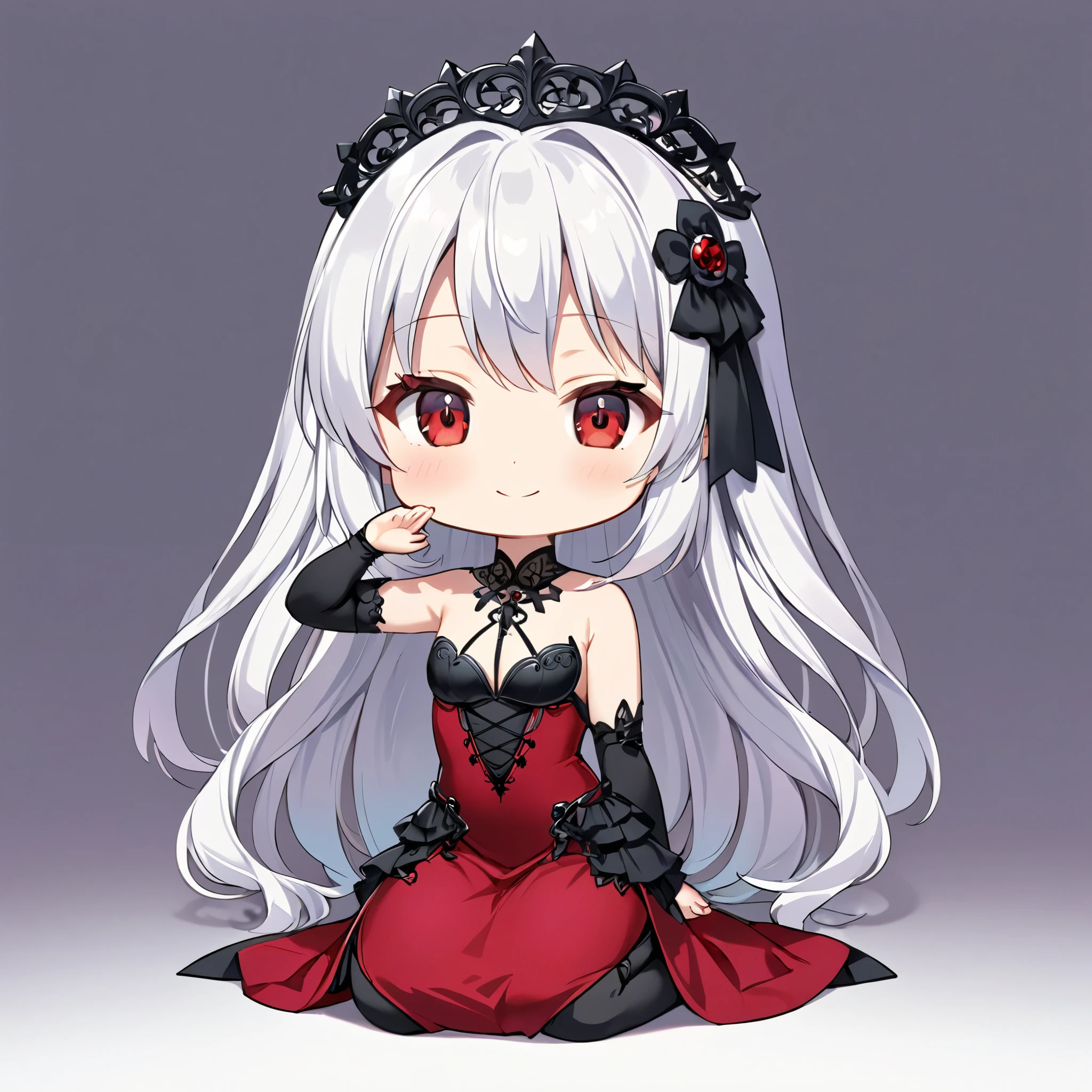 Gothic Maiden Anime Girl, beautiful charming anime girl,White-haired goddess, red eyes, red dress, alone, from the front, smile, chibi, ((seiza)), ((sitting)), One arm raised up, simple background