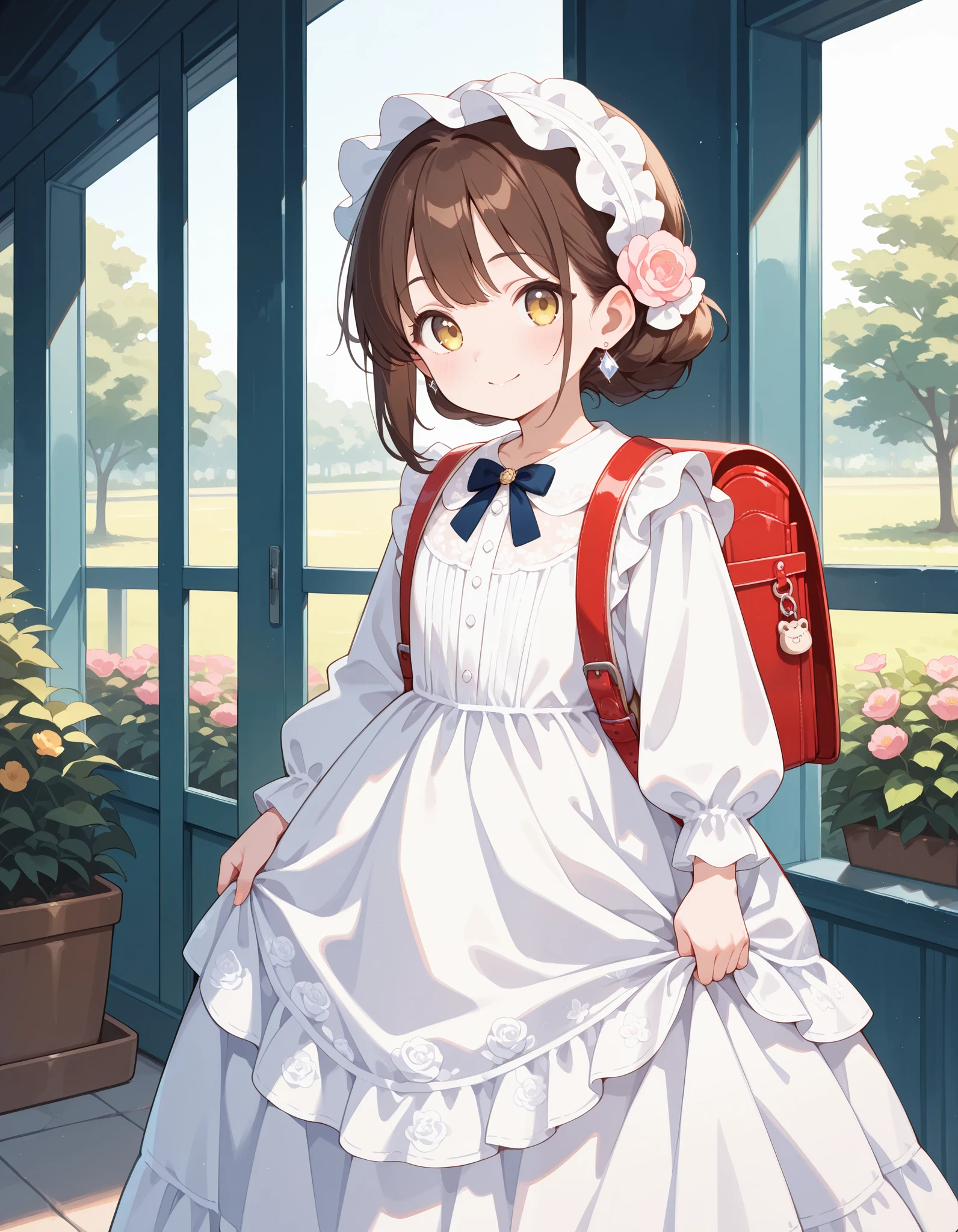 Masterpiece, hd, best quality, solo, yellow eyes, there is a girl standing in a dress, wearing pink floral dress, victorian dress, luxury dress, beautiful white, brown hair, wearing a white dress, dressed in a white dress, girl, Traditional Attire, bowtie, necklace, diamond earrings, in a fancy dress, frilly outfit, wearing beautiful clothes, wearing floral gown, cute young girl, dressed in a beautiful, wearing randoseru backpack, red backpack, backpack ornaments, keychain, standing, outdoor