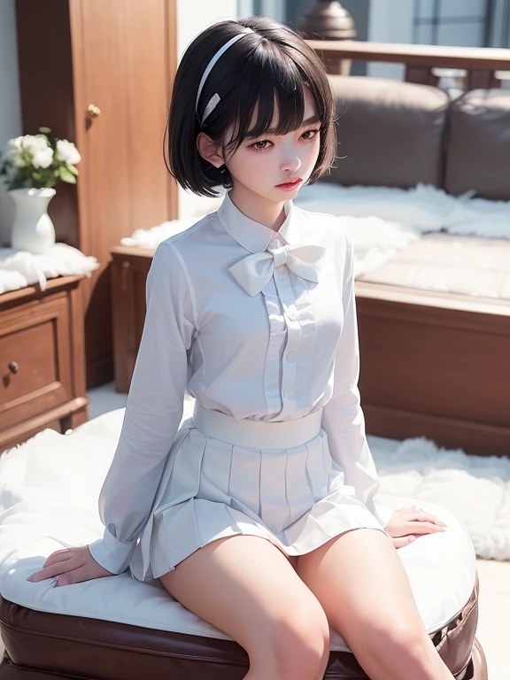 (masterpiece、Highest quality:1.7)、(11 years old:1.7)、((Bobcut))、Black Hair、85mm、16K、Official Art、RAW Photos、Best Beautiful Faces、Close-up、Violet、Gardenia、The best beautiful girl、very cute、Red blush on cheeks、indoor、(Sitting on the couch:1.8)、Film Grain、Chromatic Aberration、Sharp Focus、(((Nice hands、Perfect hands、Perfect Fingers、Thin and delicate fingers、A perfect body without flaws)))、Detailed face、(Slender body:1.5)、(Slender body:1.4)、(Petite body:1.4)、(Small breasts:1.9)、(Let your bangs hang down:1.8)、(Blushing:1.8)、(Low contrast lighting:1.2)、(White tight business blouse with collar:1.5)、(White bow tie blouse:1.3)、(Long sleeve: 1.3)、(Pink pleated mini skirt:1.5)、(White School Socks:1.5)、(Eyes closed:1.5),(With legs apart:1.8)、(A lot of cum on my feet:1.7)