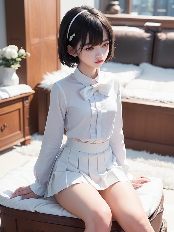 (masterpiece、Highest quality:1.7)、(13 years old:1.5)、(Two Girls:1.5)、(yuri:1.7)、(Full body shot:1.5)、Bobcut、Black Hair、85mm、16K、Official Art、RAW Photos、Best Beautiful Faces、Close-up、Violet、Gardenia、The best beautiful girl、very cute、Red blush on cheeks、indoor、(Sit on the couch:1.8)、Film Grain、Chromatic Aberration、Sharp Focus、(((Nice hands、Perfect hands、Perfect Fingers、Thin and delicate fingers、A perfect body without flaws)))、Detailed face、(Slender body:1.5)、(Slender body:1.4)、(Small breasts:1.7)、(Let your bangs hang down:1.8)、(Blushing:1.8)、(Low contrast lighting:1.2)、(White tight business blouse with collar:1.5)、(White bow tie blouse:1.3)、(Long sleeve: 1.3)、(White pleated mini skirt:1.5)、(White School Socks:1.5)、(Eyes closed:1.5),(Touch your chest:1.5),(Hands in crotch:1.5),(masturbation:1.3)