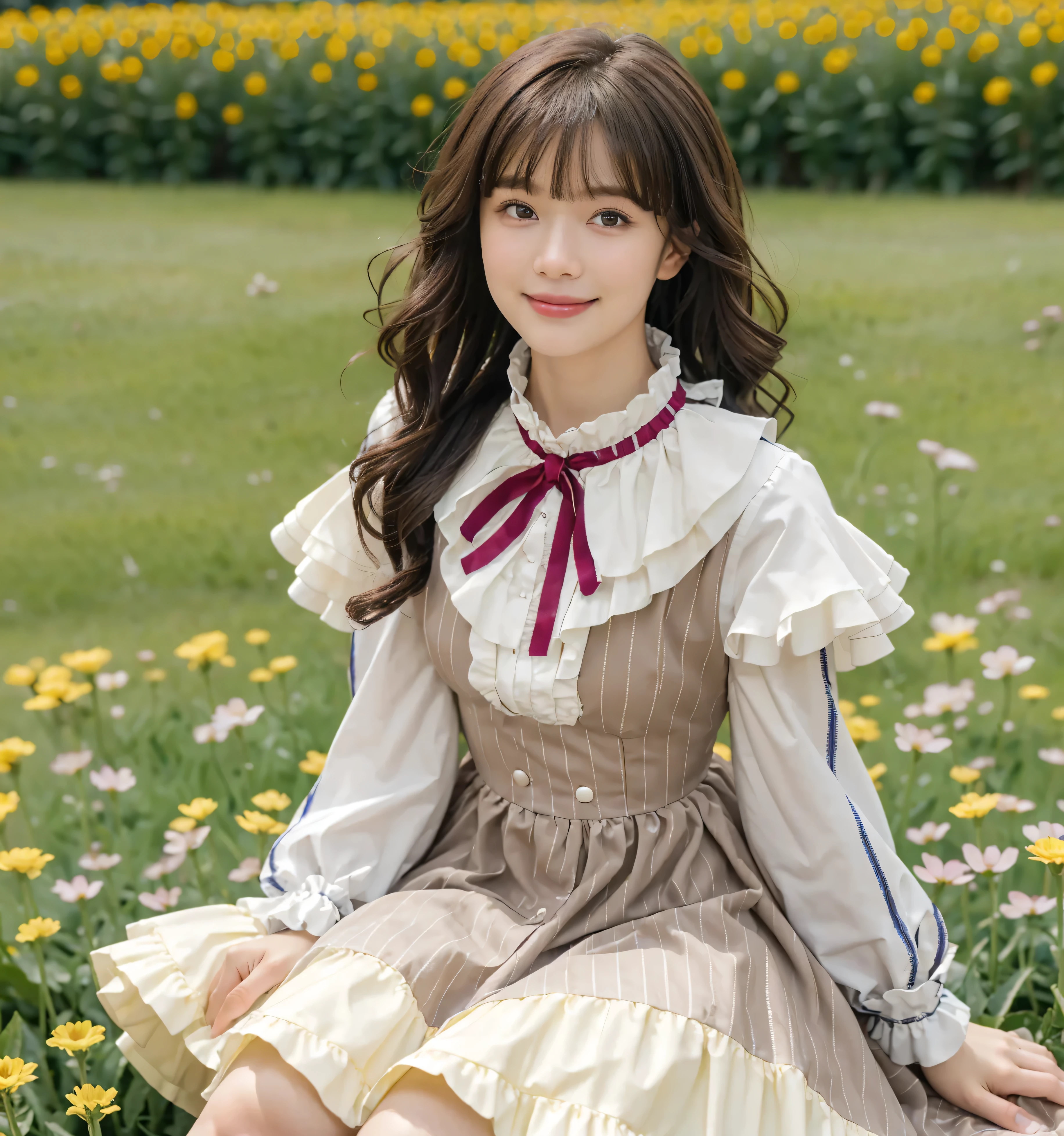 best quality,HDR,UHD,8k,Vivid Colors,Alone,photo_,( 1girl :1.3),(sitting:1.3),(looking at viewer:1.4),elegant,detailed gorgeous face,(cowboy shot:1.2),morning,(flower field background:1.2),black eye,long hair,dress,ribbon,long sleeves,frilled dress,crinoline,sunlight,dappled sunlight,marginal light, happy smile