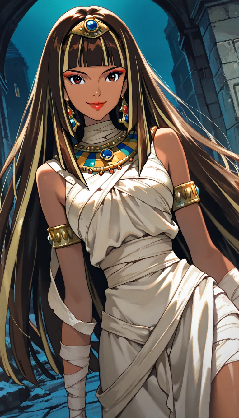 (1girl, zzCleo), (extremely detailed CG unit 8k wallpaper),(master part), (best quality), (ultra detail), (best illustration),(ghibli_style), cowboy shot, dutch angle , close up, standing, facing viewer, looking at viewer, perfect face, perfect eyes, perfect fingers, (Sharp eyeliner, ombre, detailed eyes:1), traditional media, outdoors, dark egyptian tomb, night, break , upper body, solo, smile, long hair, multicolored hair, dark skin, blunt bangs, bangs, two-tone hair, black hair, blonde hair, streaked hair, eyeliner, very long hair, brown hair, makeup, lipstick, bandages, jewelry, earrings, eyeshadow, dress, armlet, red lips, mummy costume