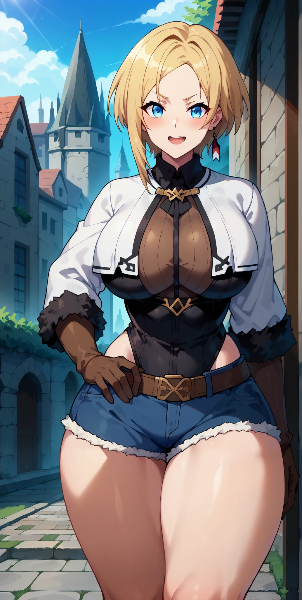 Score_4, Score_5, Score_6, Score_9, Score_8_up, Score_7_up, Anime_Origin, SaraMT, 1 girl, open mouth, light smile, blushing, blonde hair, blue eyes, short hair, single earring, layered clothing, short jacket, white jacket, brown shirt, black leotard, fur-trimmed sleeves, brown gloves, belt, fur-trimmed shorts, standing, facing viewer, leaning forward, outdoors, medieval, city, stone, tree, painted background,... white background,,,,,,,,,,,,,,,,,,,,,big breasts, wide hips, thick thighs, high thighs, blush, curves, perverted face, big thighs,,,,,,,,,(masterpiece), super detailed, highly detailed, 4k, great masterpiece, detailed, high quality, absurd, pale skin, blush, perverted face, big thighs,
outdoors, sky, clouds, sun, looking at viewer, arrogant smile, absurd, energy, aura, electricity