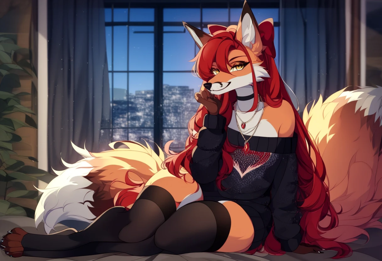 by fluff-kevlar, by ouka, by Kilinah, (((woman, breasts, antrum, extremely detailed, extremely detailed legs, extremely detailed arms, extremely detailed face, perfectly detailed eyes, perfectly detailed anatomy))): 1.2, beautiful and detailed portrait of an anthropomorphic vixen ((female))), anthro, female, red fox, high definition, good anatomy, orange fur, orange body, simple background, legs together, highly detailed face, deep yellow iris, yellow eyes, short hair, arm tuft, leg tuft, red hair, long hair, face markings, face fur patterns black, speech bubble, heart, hearts, night, moody lighting, full body, sexy body, slanky body, sexy face, nice, hot, cute, pawpads, one eye closed, wink, lying on back, on back, blushing, friendly smile, smile, friendly, elegant, dark, mysterious, alluring, beautiful, thigh highs, yukata, wearing a yukata, SFW, chest covered by cloth, bra, fox tail