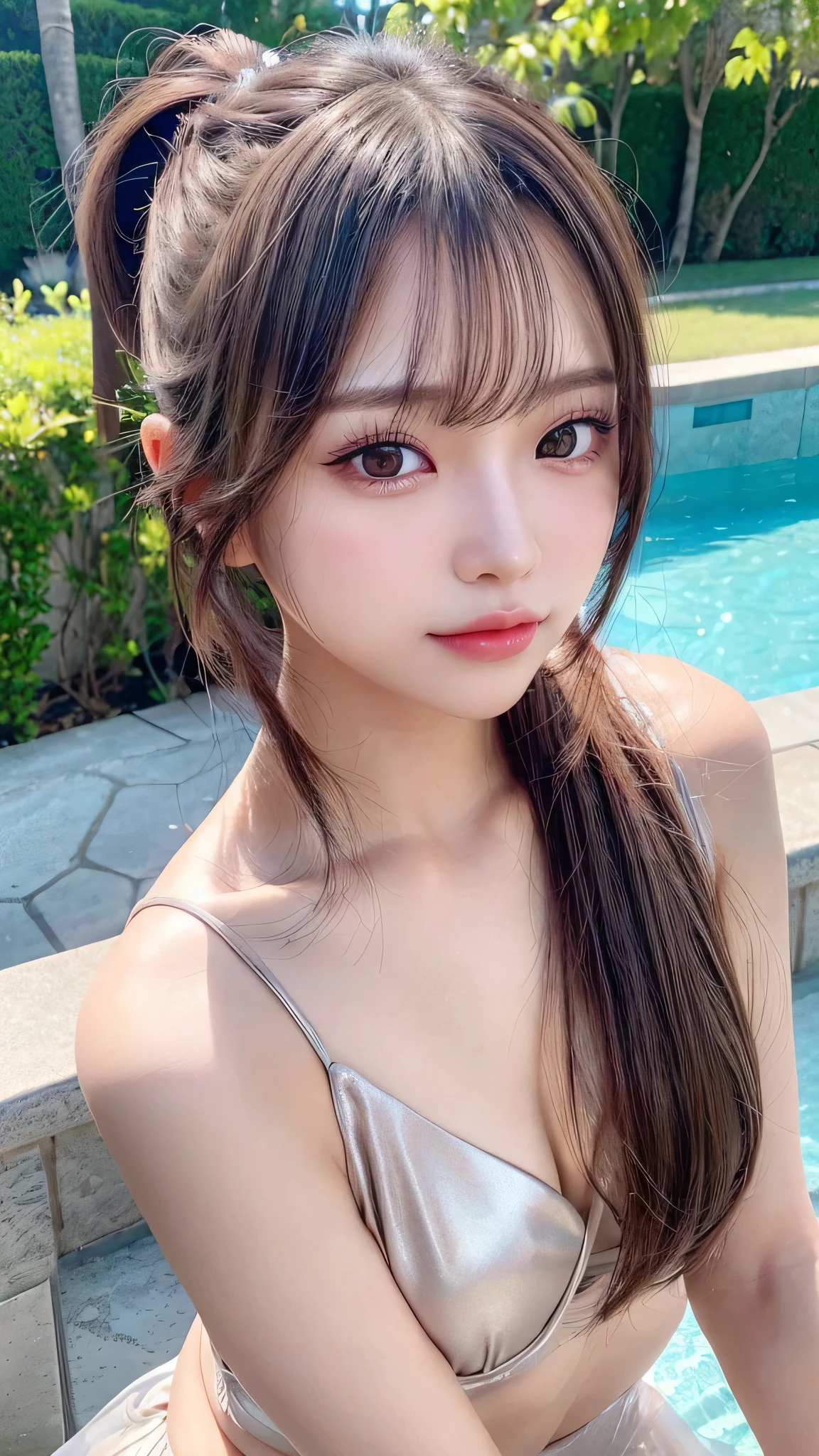 body shot,Outdoor,Black micro bikini,resort Beach,Ultra-detailed, finely detail, hight resolution, 8K Wallpaper, Perfect dynamic composition, Beautiful detailed eyes,,Close-up of face,,Blushing,Facing forward,Long hair ponytail,((8k, Raw photo, Best Quality, Mastepiece:1.2), (Realism, Photorealistic:1.4), (Highly detailed 8K wallpapers), Depth of written boundary, Cinematic Lighting, Soft Light, Detailed Beauty Eye,Shiny and smooth light brown ponytail, Asymmetrical bangs, Shiny skin, Ultra-detailed skins ,It is high resolution., High detail, Detailed hairstyle, Detailed facial beauty, Hyper-realistic, Perfect limbs, Perfect Anatomy ,Of Japanese,Famous Japanese Idols, Perfect female body,A shy smile,Short eyelashes,Double-edged eyelids,Look straight here,Hair style: ponytail,