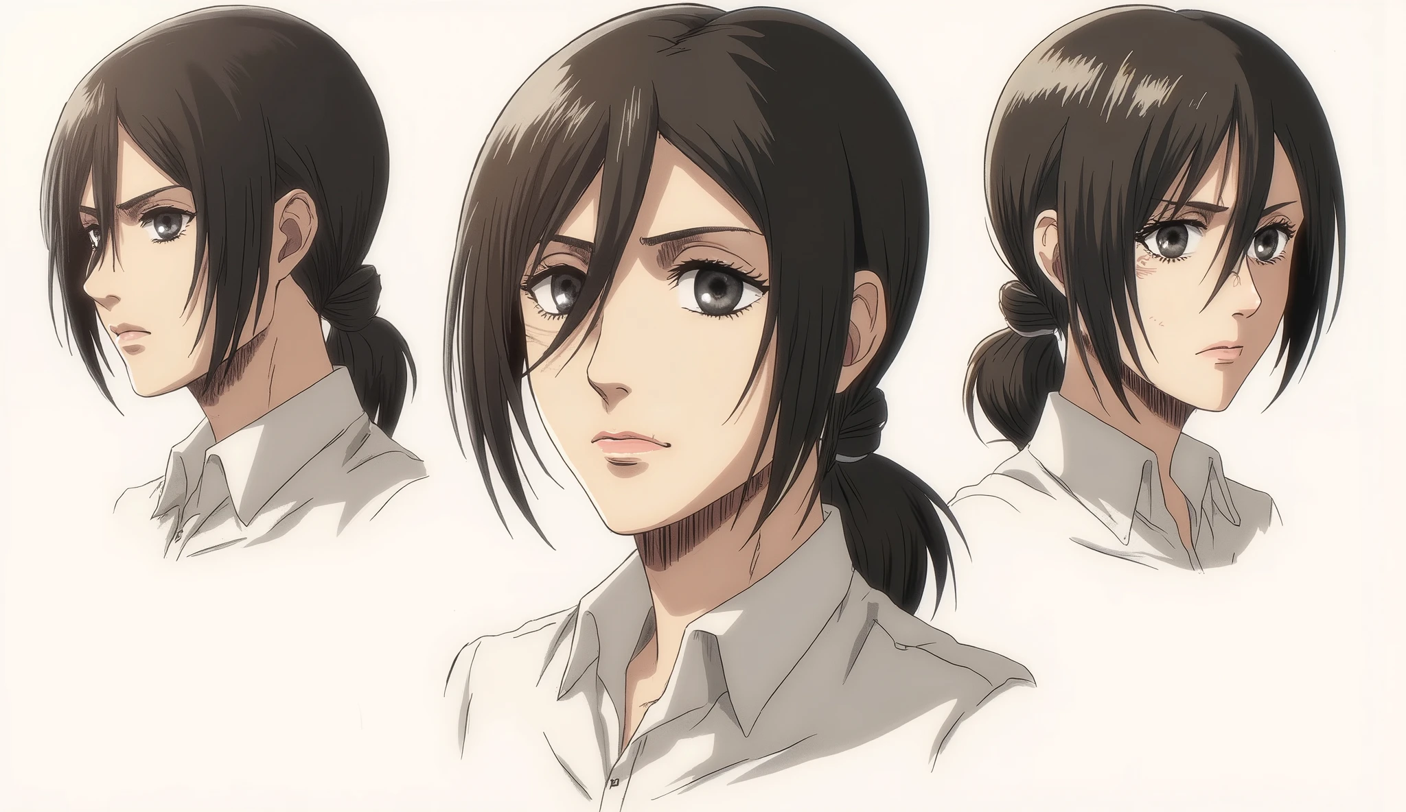 woman anime character give me face head hair sheet 3 different angals with natural colors in 6 three sapreate pictures