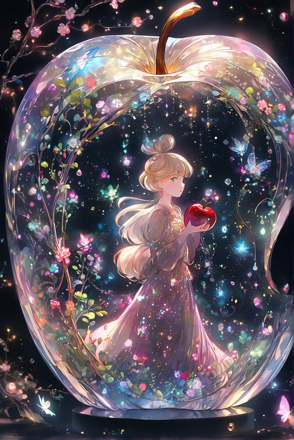 Anime A girl is inside a transparent crystal apple. Inside the apple there are sparkling flowers and twinkling stars. The dark background makes the crystal apple stand out.