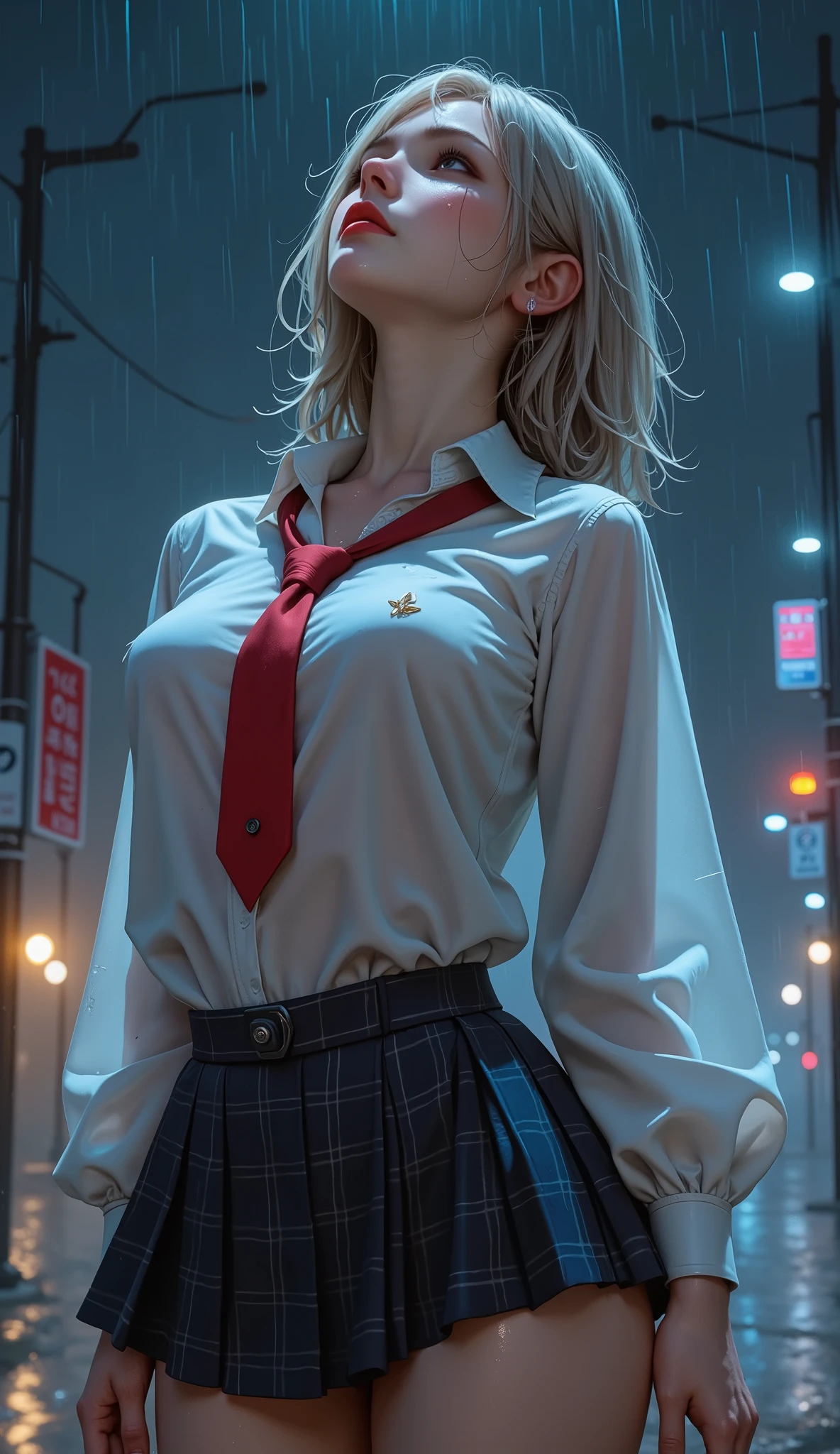 (RAW shooting、photorealistic facing y:1.5、8k、best image quality、masterpiece、super high definition of the front hair)、Perfect Dynamic Composition:1.2、Night Street Corner、looking up at the sky:1.3、((Heavy rain due to typhoon )))、Highly Detailed Skin and Face Textures:1.2、 slim girl wet in the rain :1.3、sexy beauty、perfect style:1.2、Aesthetic and beautiful 、 white skin、very beautiful face、(Rain dripping all over my body:1.2、wet hair:1.4、wet hair:1.2)、Water drops on skin、(bigger breasts in bikinis、 chest gap)、(Shy Laughter、expression when feeling intense caress、Expression of pleasure)、(Beautiful Blue Eyes)、 perfect body、 perfect fingertips、)、Top Quality Movies、Live-action film、Ultra Premium Graphics、8K HD CG Works、 High Definition Graphics 、High-definition CG works、10x pixel、 ultra fine details :1.1、Advanced Technical Details:1.1、photorealistic facing y、Indoor Lighting Effects:1.5、natural light:1.5。Lighting Effects(Virtual Lighting Effects:1.8)、(fine eyebrows)、(high nose)、(Beautiful red lips)、(Rose Cheek)、(Subtle makeup face)、(girl)、(cute face)、(perfectly balanced face)、(Light-toned foundation)、(Enhance skin clarity)((off shoulder、Translucent Wet White Blouse、loose red tie))、((navy blue check mini skirt)).(wet pink lace bra、pink nipples)、standing on all fours on the street、Heterochromatic eyes、Girl with Silver Hair、Off Shoulder Wallpaper HD、(Nipples))、(Puffy eyes:1.2)、( Read more)、(Light on face and chest)、((((under bob))))、Underbab、oily skin、in the garden、(The underside of the chest is slightly visible)、 ( can see Underbab 、Belly button and ribs visible)、Visible hips and lower abdomen、 40k、pictures、on the table、top quality、 rain background、((Girl with Light Hair、 she has a beautiful face 、 I'm wearing glasses、