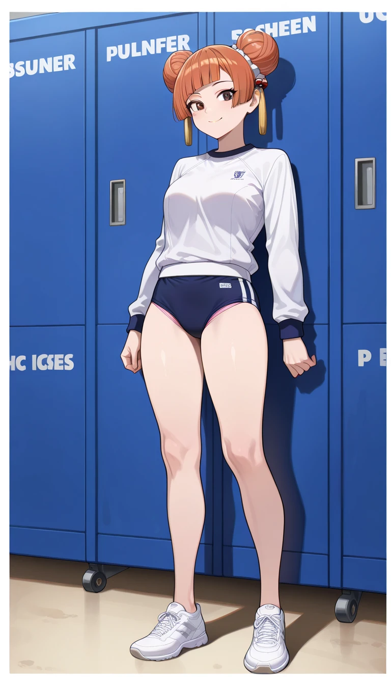 A tall beautiful woman with a mature face and beautiful legs, her long mauve-purple hair tied into a ponytail with a light pink ribbon, is standing in white gym clothes and navy blue bloomers shaped like panties.。school playground。