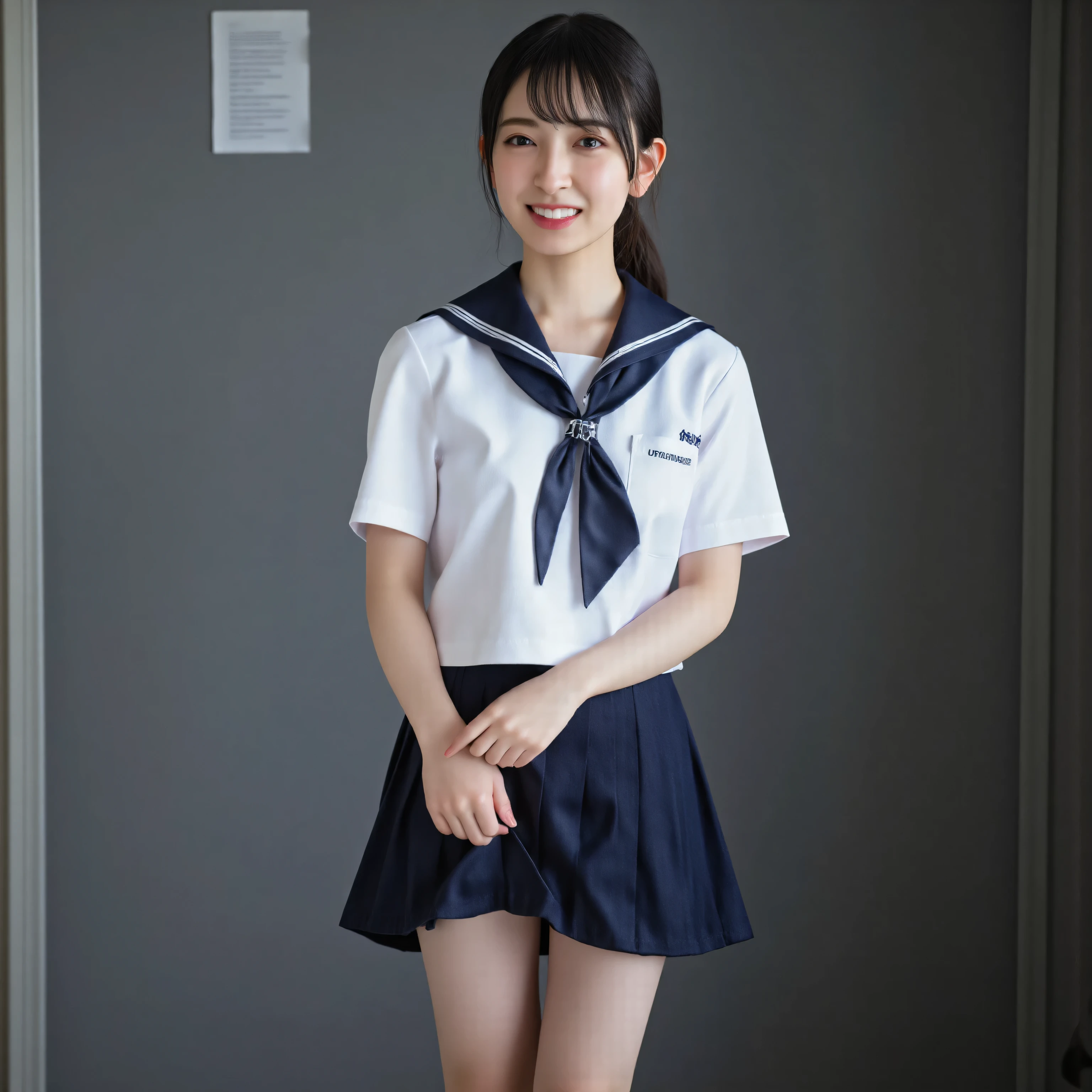 (Canon), (EOS R5), (50mm), ((( photorealistic:1.5))), (No lens flare :1.5), ((超 high resolution)), (masterpiece),  accurate,( Realistic texture skin),  more details,  high detail,  High Quality  ,  Award-winning work , 最 High Quality , 32K,  written depth,  digital camera,  Award-winning glamour photo  ,  professional lighting, (SFW), ((最 High Quality :1.5)), ((masterpiece:1.5)), (( realistic)),  high resolution, Realistic shadow, Roughness, Real Life,( a very beautiful and cute Japanese woman), ( The cuteness of Japan's top idol ), (( cute 18-year-old Japanese high school girl )), (( high school classroom )), ((( with slightly visible teeth is light blue, the collar is dark blue, and she is wearing a short-sleeved white summer suit sailor suit with 3 white lines and a dark blue flare skirt:1.8))), (( a white short-sleeved sailor uniform with a navy blue collar)),  (( dark blue flare skirt )), (( no accessories)), Attractive cuteness , slim figure, ((A little teeth showing, very cute smile:1.5)), (alone:1.5), (There is only one person in the classroom) , ( Detailed depiction of extremely realistic skin ),  (Highly detailed, realistic eyebrows), ( beautiful catchlight on the eyes), (Realistic lips with moisture ), ( white realistic teeth arranged neatly), ( hourglass figure :1.6), (Wasp waist :1.5),  ( perfect style body  :1.8), (Healthy body :1.8), ( holding hands with mom staring at viewers), (Beautiful, natural-looking hands), ( show your hands as little as possible ), ( very cute smile:1.1), ( her stomach and navel may be slightly visible:1.4), Natural atmosphere, Very cute type,  Beautiful Thighs, (( evening classroom )),,  blur background, Illuminate the face, beautiful body line , Beautiful, realistic skin , Art Photography,  beautiful soft lighting ,  Accurate , seductive pose , wear black thigh high socks,  sleeveless, Full body standing pose, tentacle sex,