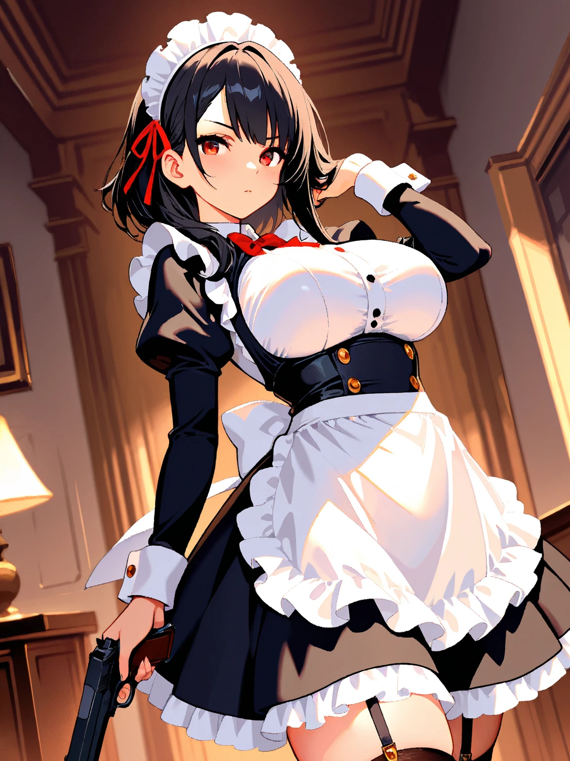 (Best Quality, 4K, 8K, hight resolution, masutepiece:1.2), 独奏,Ultra-detailed, (Realistic, Photorealistic, Photorealsitic:1.37),25-years old, Mature Woman,adult lady,notre dame,Interior of a medieval mansion,in the midnight,masutepiece, Highest Quality, Ultra-fine,max resolution, Extremely detailed, (((gothic maid clothes))),Slender lower body,(a miniskirt),overknee socks,(((Beautiful skins))),red blush,(White panties),Seductive thighs,Short bob cut,aphrodisiac,Skirt twisted,thong,cowboy  shot