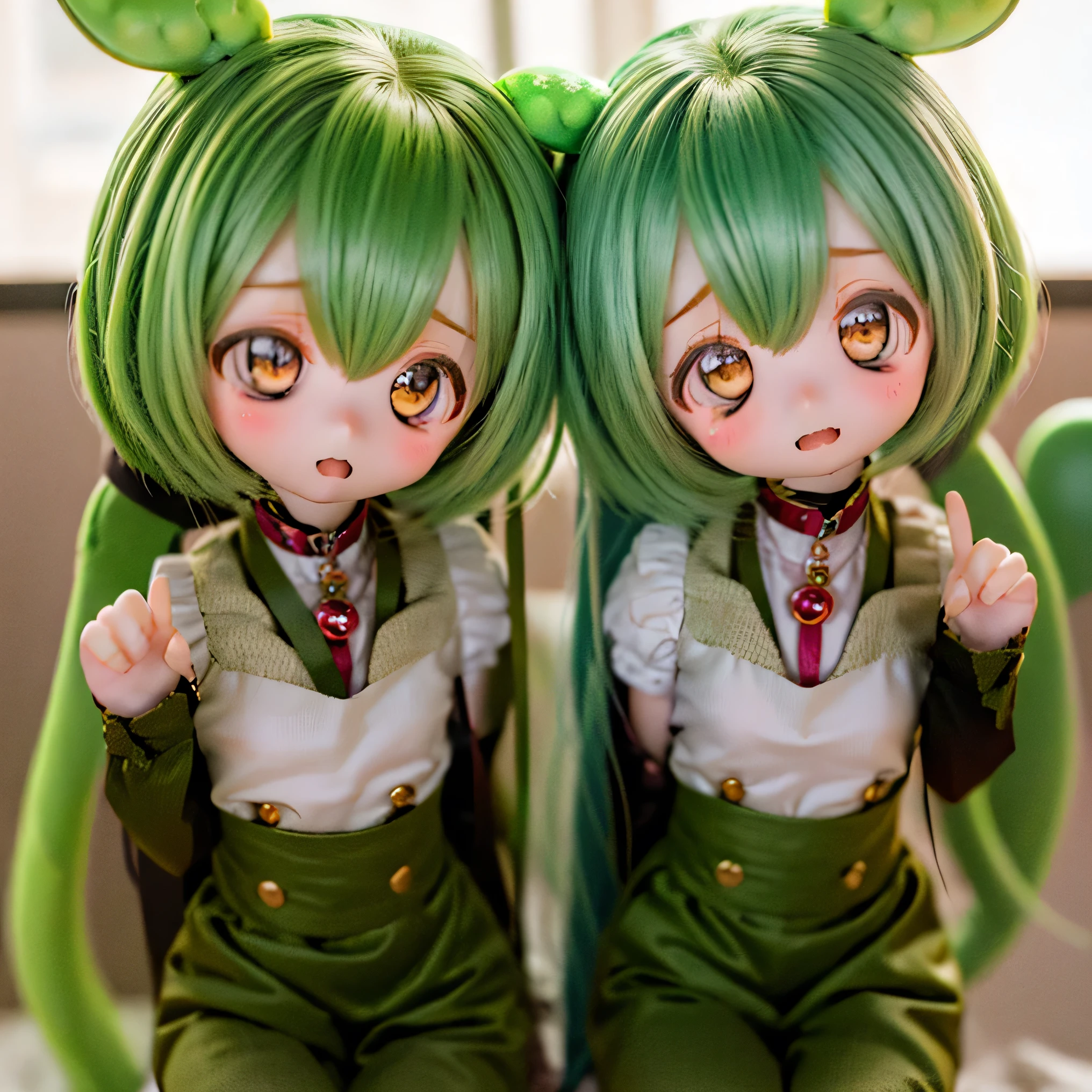 cute green-haired zundamon in playful pose, ( chibi), (((((( Mother )))))), detailed character design , intricate details , surreal , photorealistic facing y , 8k, masterpiece , is high resolution, bright color, soft writing , natural light, 、 warm palette , wonderful , magic, fantasy , cute , cuteデザイン , , Heartwarming、Dumb on the head