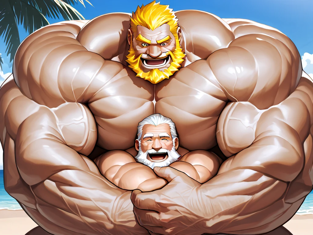 Wide medium shots, ground level camera shot, ,((hyper muscular)) old man fighting in rumble arena, black underpants , hyper muscle, hyper pectoral, hyper bicep, hyper arms, bulge, white and short hair, super thick arms, super big pectoral, super wide pectoral, topless, shirtless. 