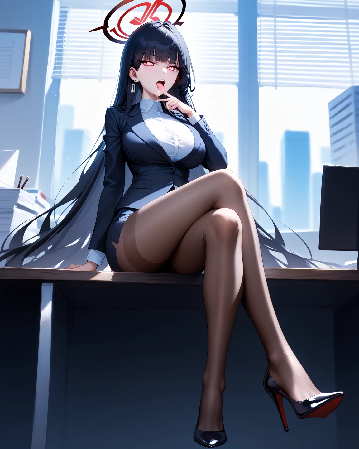 masterpiece, best quality, wallpaper, 1girl, long hair, black hair, sky blue eyes, hair accessories, cute, innocent, blouse, no pants, pantyhose, stockings, 35 years old female, innocent, safe for work, wholesome, city streets, night, no undergarment visible, no panty, mature face, mature body, medium breast, sitting pose with 2 feet standing and legs bent, L sitting, sitting on floor, front view, embarrassed face, Indian sitting style, 