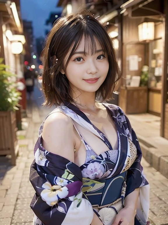 hi-school girl, lesbian, Japan Yukata, No bra, , Legs spread wide、traditional Japanese kimono、furisode、Chest exposed、(Take it off)、Embarrassed look、Chest exposed、clavicle fetish、(((toppless)))、Be undress、Fluttering kimono、sakeを飲む、sake、Indoors at night、(Background indoors at night)、