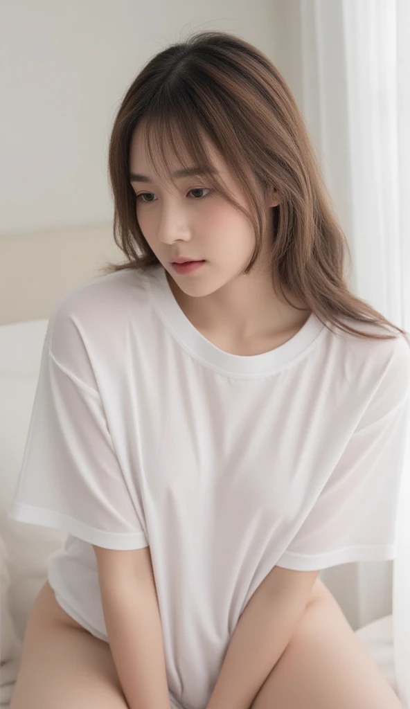 ((light color underware、Slouched、Drape an oversized white shirt over your shoulders、Skin shows through、sit on sofa、Open your legs wide、knees up、Do not wear makeup))、(realisitic、Photorealsitic、ultra-detailliert、Highest Details Skins、top-quality、masterpiece、超A high resolution)、drooing eyes、Cute Japan person、younggirl、18year old、simple background、a navel、thighs thighs thighs thighs、lowrise