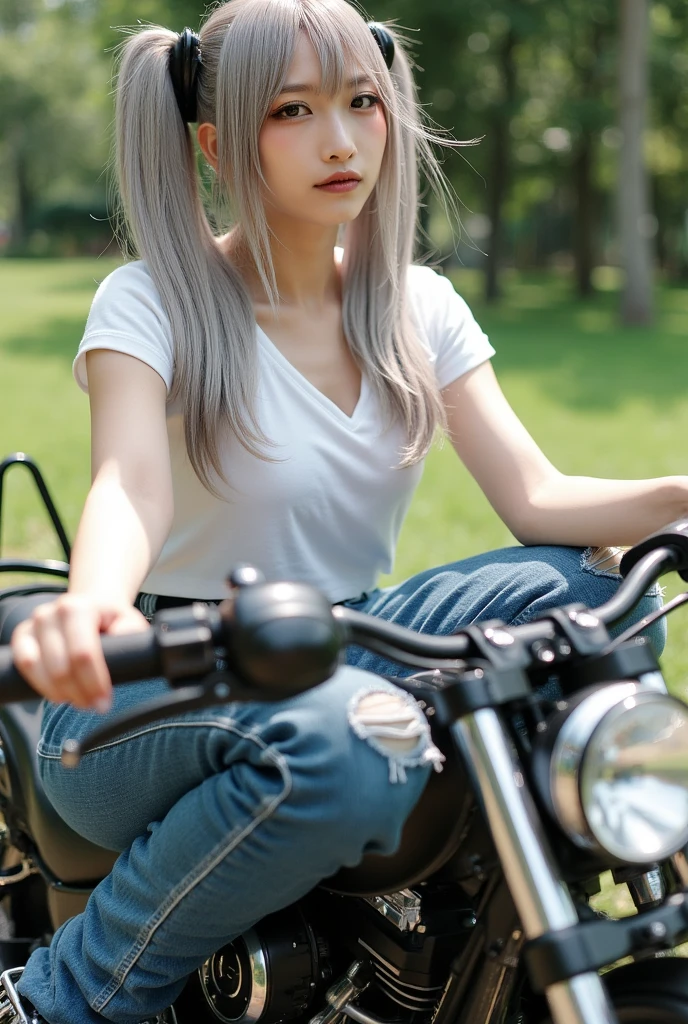 a beautiful young woman sitting on top of a bike, a picture, flickr, white miniskirt, wearing a shirt and a jean, on a pedestal, [ [ hyperrealistic ] ], pixiv contest winner, highschool dxd, 3 d render official art, holo, white panties,