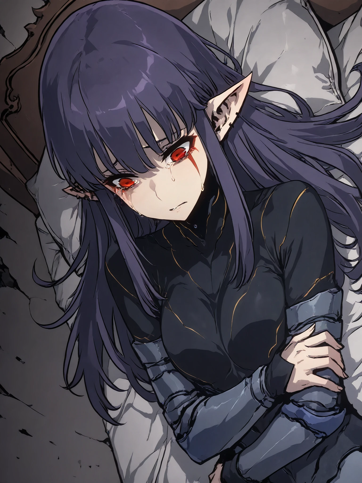 1girl, solo, esil radiru, beautiful, crying heavily, sad, tears, crimson eyes, casual clothes, slender body, medium breasts, highly detailed eyes, expressive eyes, natural eye shape, iris with visible details, anatomically correct, super detailed, high details, intricate details, accurate, dynamic angle, dynamic poses, highres, absurdres, (masterpiece:1.5), (best quality:1.2), amazing quality, 4k, demon's castle, royal bedroom, lying down in bed, curled up