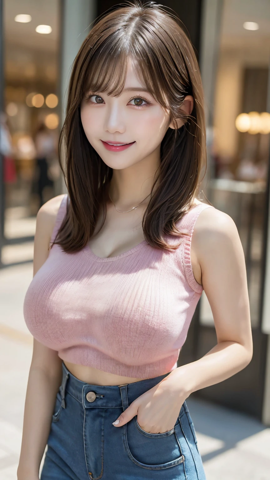 Shopping mall , Highest quality, shape, Very detailed, In detail, High resolution, 8k wallpaper, Perfect dynamic composition, Beautiful details,  Natural Lip, Too cute outfit, Big Breasts, , She is smiling in a cute pose.., A masterpiece of the whole body, Side Short