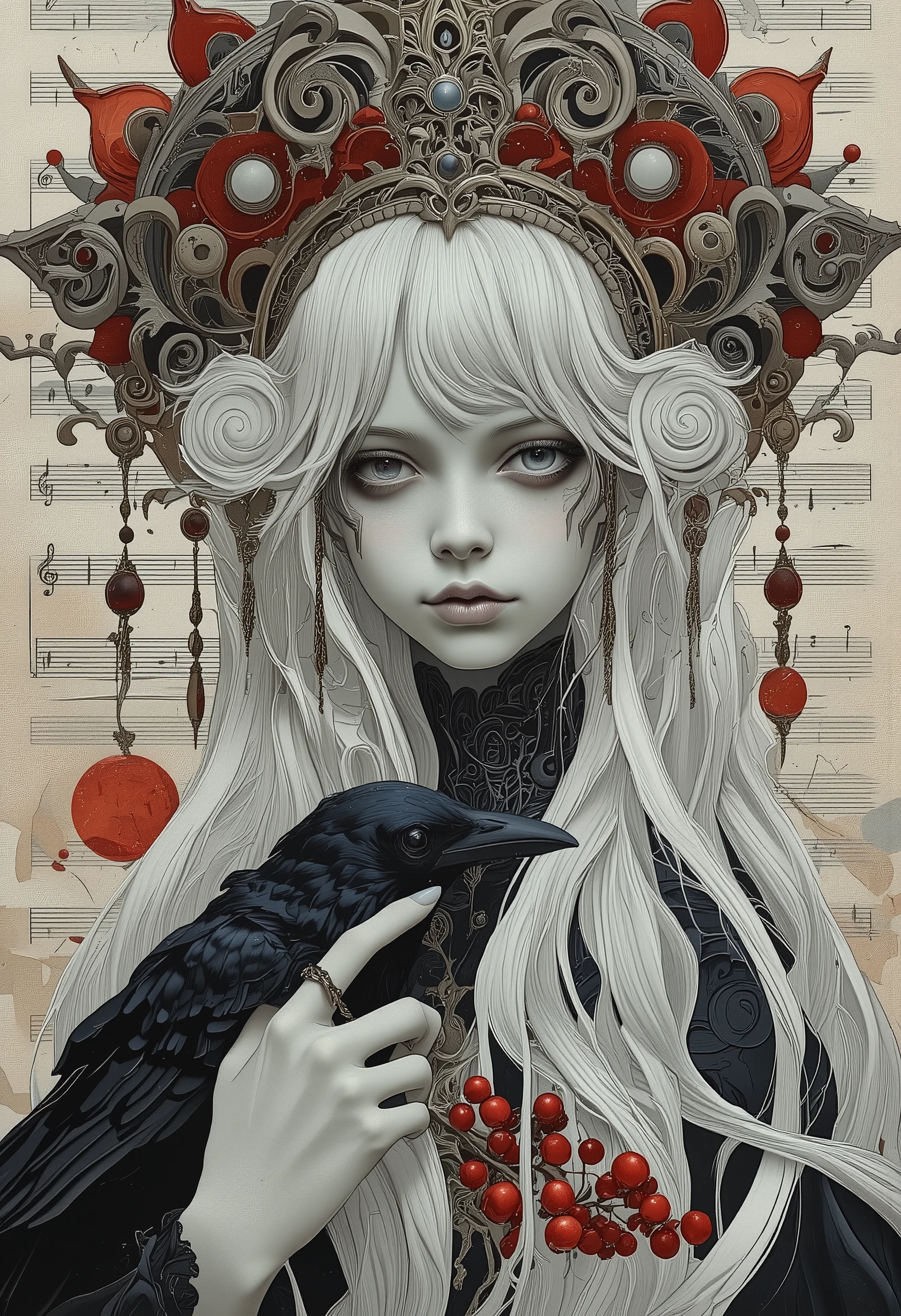 portrait of a beautiful pale girl with long white hair, in an intricate red and white headdress, holding a raven, red rowan berries, intricate lace details, watercolor painting, soft lighting, delicate brushstrokes, fantasy art, fabulous, whimsical, bright colors, high detail, 4k, 8k, trending on artstation Gothic elements. SMIA,paint on book pages
paint on sheet music,Dark Beauty,nq
