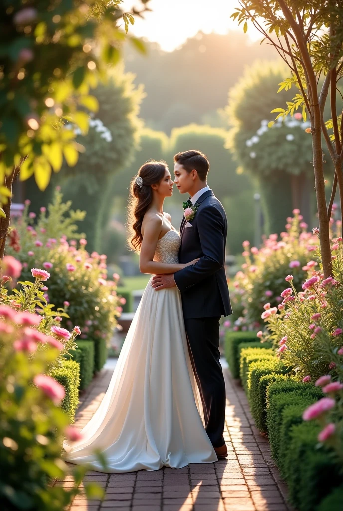 Real pinoy couple wearing wedding gown with back ground arounding flowers 