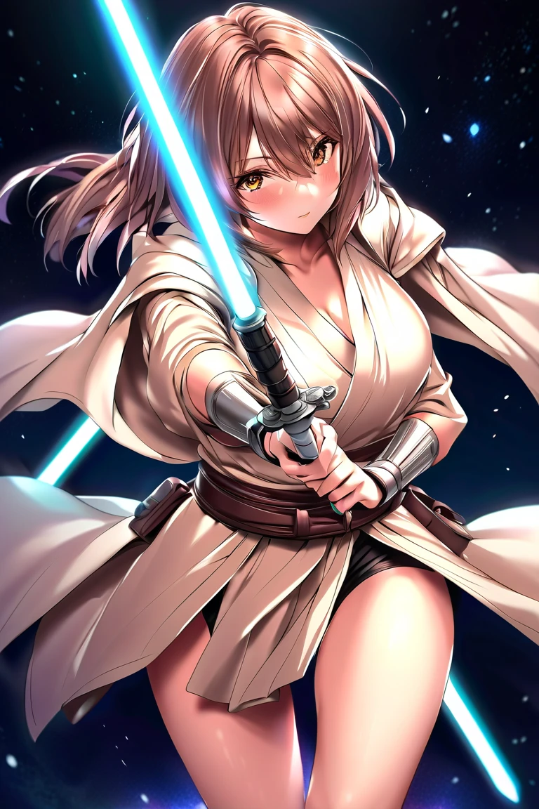 Masterpiece, best quality, 1girl, jedi, lightsaber, white robe, deep cleavage, holding, holding lightsaber, space background, cinematic, ominous, dramatic lighting, anato finnstark, hews