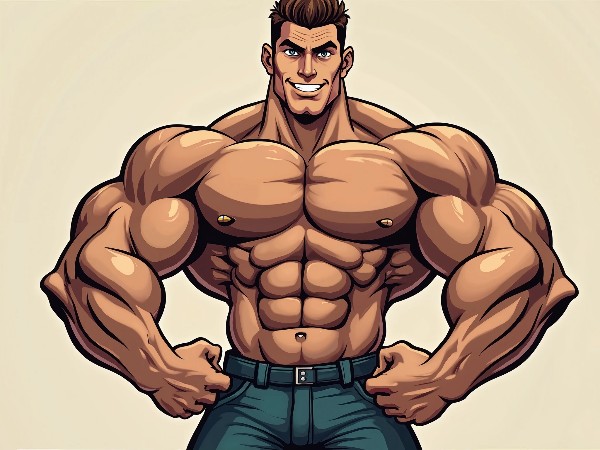 Caricature of a handsome Henry cavill, small neck, huge arms, muscular chest, muscular body, half body, white background