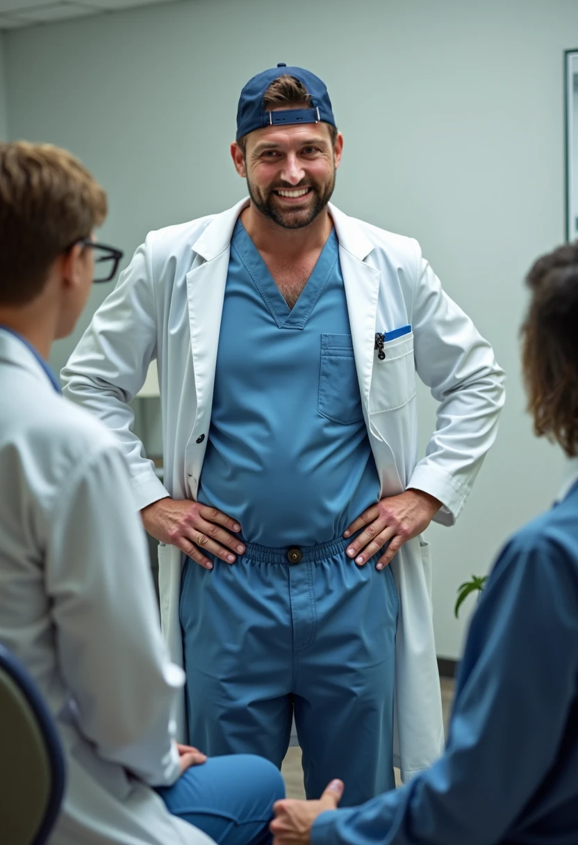 Five men in their underwear being examined by a doctor.