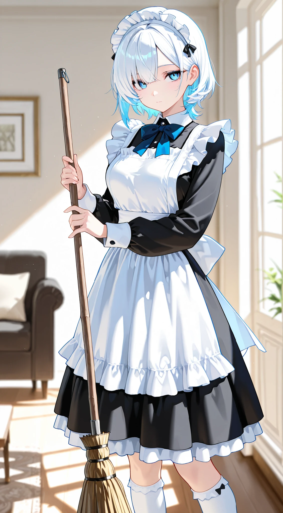 masterpiece, best quality, detailed face, detailed eyes, 1 girl, solo, beautiful, big chest, slender body, mature, light makeup, adorable, sharp eyes, closed mouth, short hair, blue hair outer, white hair inner, very long side bangs, short tidy bang, vibrant blue eyes, white maid headband, classic maid dress, blue bowtie, white overknee socks, Indoor background, living room, holding broom, sweeping, day, depth of field, bloom, soft lighting, looking to viewer
