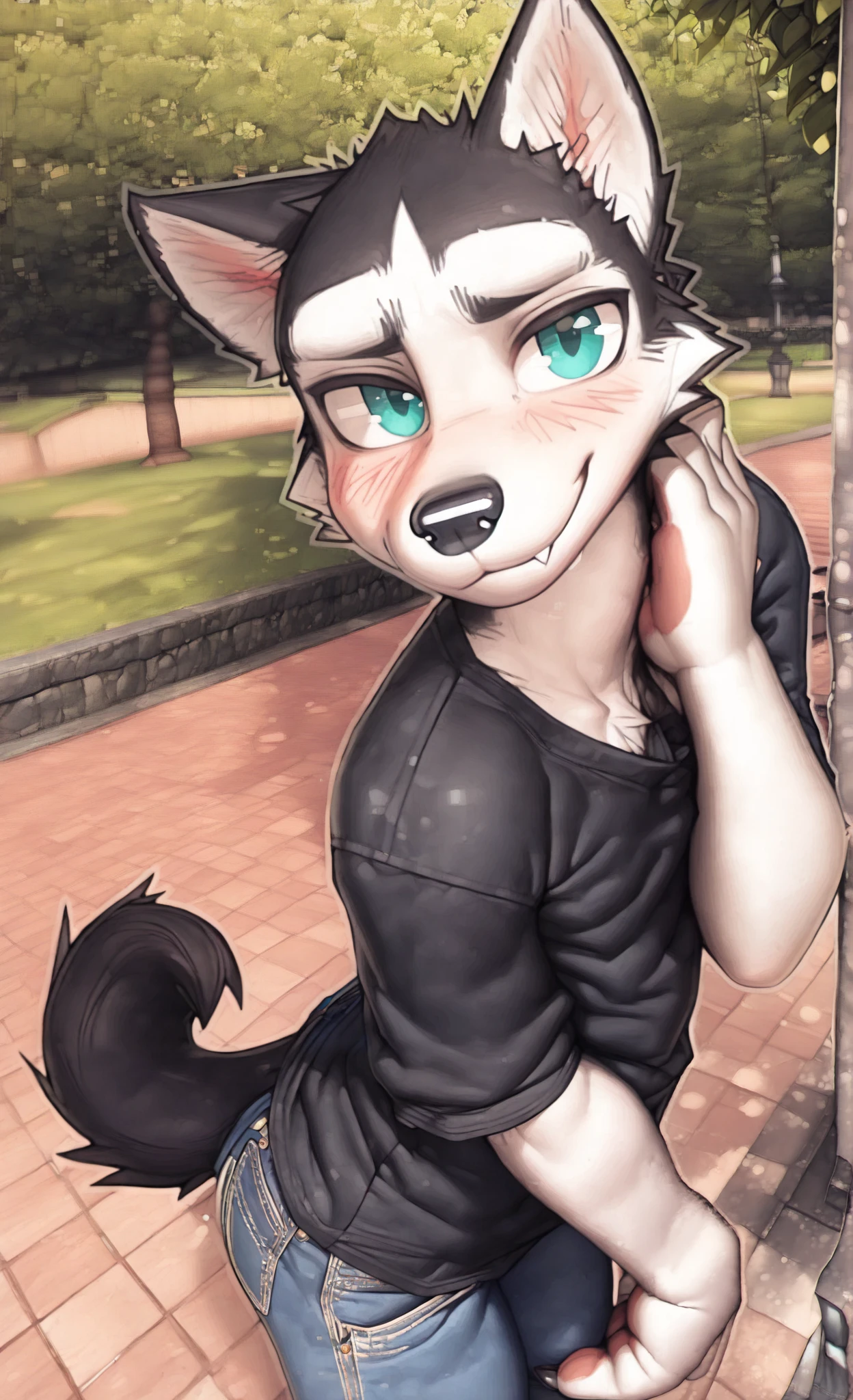 score_9,score_8_up,score_7_up, sierra, a young nerdy Anthro furry wolf woman, white furry body, tall, awkward, long black messy hair, hair covering one eye, long black hair, blue eyes, black glasses, small breasts, white wolf tail, naked, devious smile, handjob, she is holding faceless human males cock, simple white background, male is cropped out, she is nuzzling males cock, pressing cock against her cheek, side view, she is looking up at human male