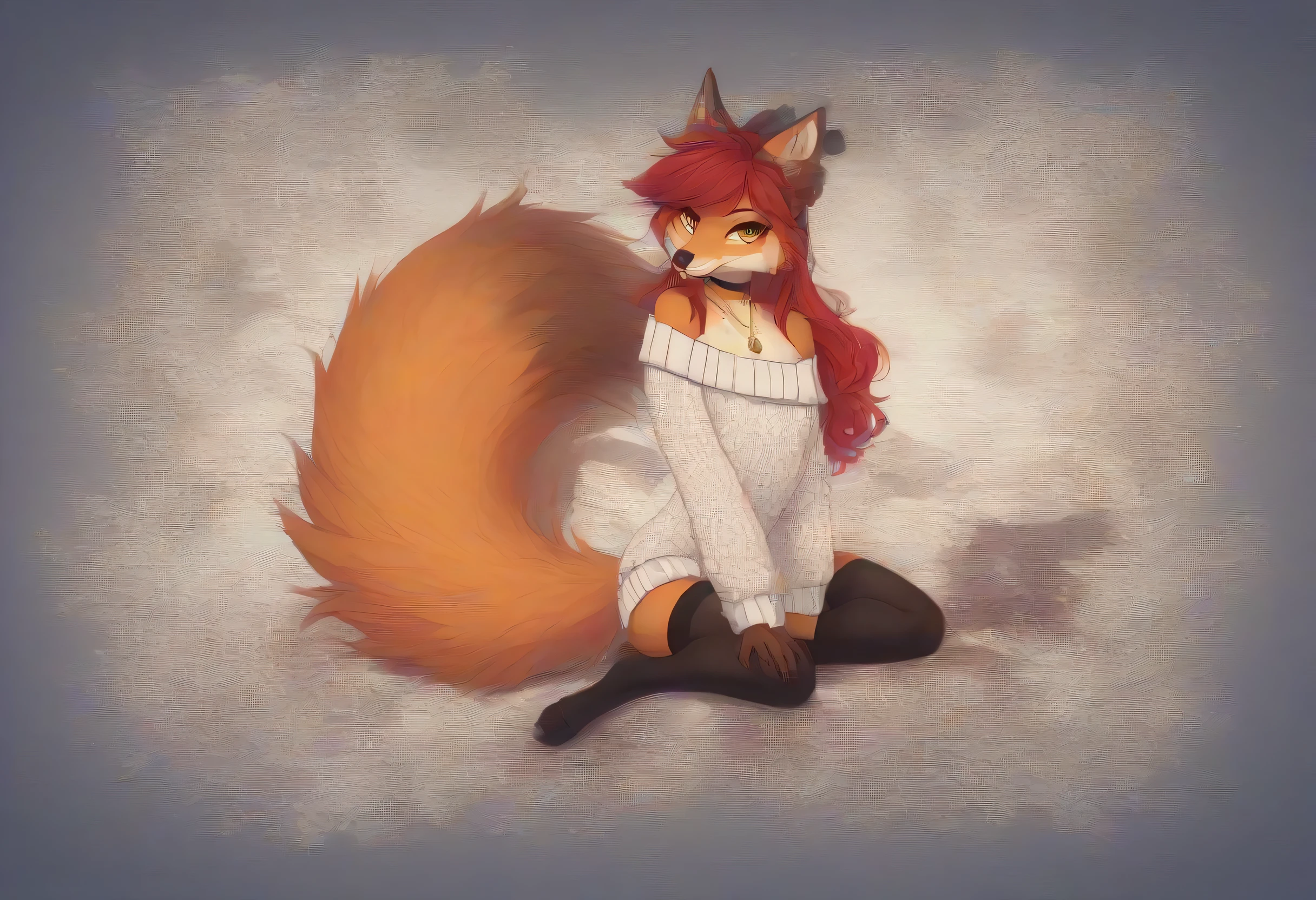 Solo、unpralleled masterpiece、Detailed、 Beautiful、 score_9、 score_8_up、 score_7_up、moody atmosphere、mysterious、fox、anthro、furry、female、orange fur、(long hair、beautiful hair、scarlet red hair、side swept hair、bangs)、yellow eyes、(digitigrade、claws、fox paws、exposed feet)、foxy whiskers、fluffy tail、(heavily shaded orange body、dark black shading on body)、(sassy pose、sassy hips、sassy、flirtatious)、wearing (Black simple stylish long socks、non-transparent thigh highs、Crop off shoulder sweater、patterns on sweater、Colored hair bow、Classic necklace)、(beautiful background、detailed background、abstract background)、night、gazing at viewer with side eye