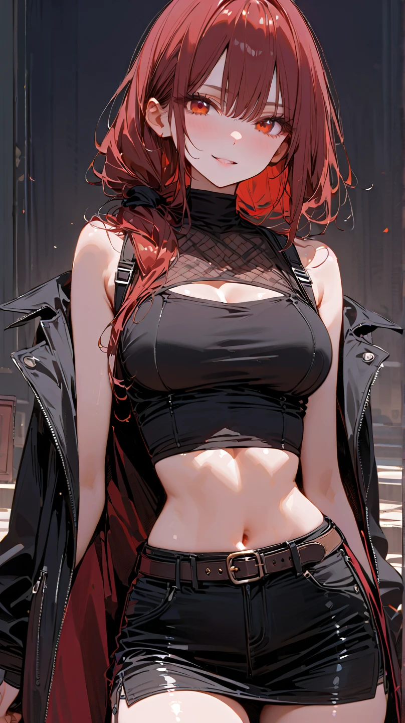 A beautiful girl, dark blue crop top dress, long red hair, pirate eye patch, oiled dress