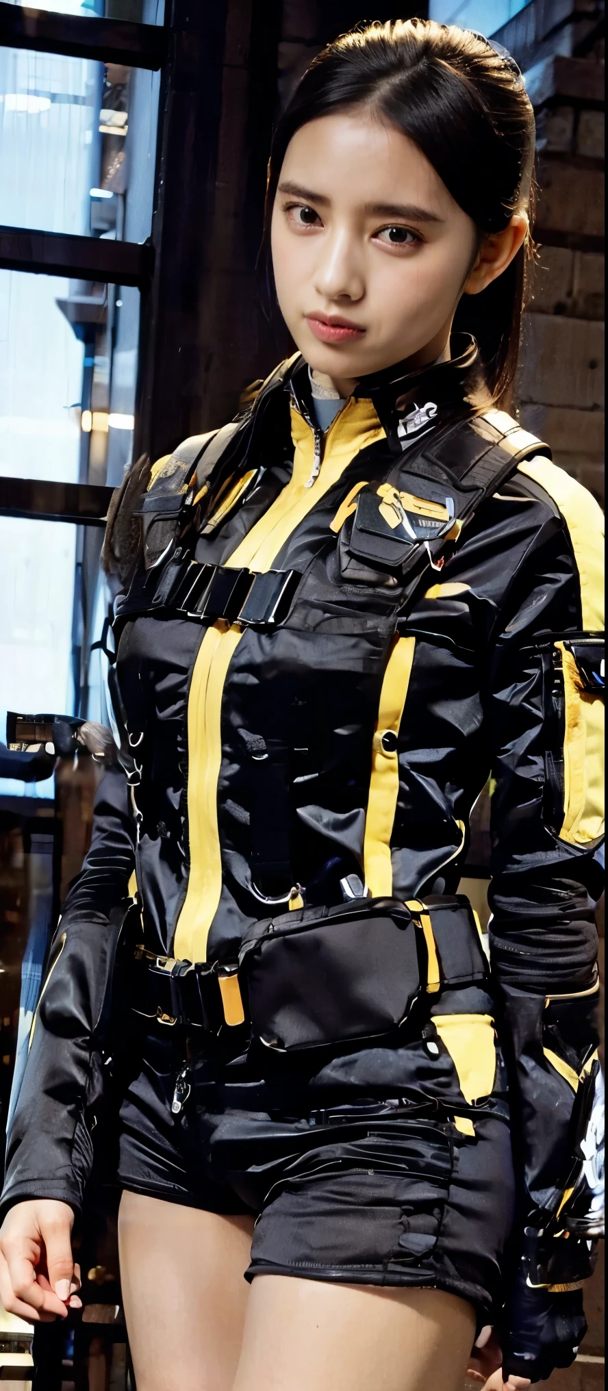 (   extremely realistic   ), (  top quality ), ((round,    SMALL AND PRECISE FACE   )),  black gloves,wristwatch,black eyes,short shorts,black shorts, boots, gloves,jacket,shorts, black hair,   Adult women , Big Breasts,Big Breasts, Her breasts are so big and plump ,    clothes are perfect for your figure,The nose is small  ,Thin eyebrows