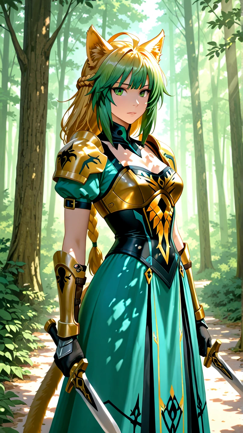 The style is realism, with a female warrior wearing a green camouflage tight combat suit exploring in the forest. The sunlight shines through the treetops on her, holding a weapon. The background is a green jungle and ancient ruins, and the camera shows her whole body, (masterpiece, best quality, Professional, perfect composition, very aesthetic, absurdres, ultra-detailed, intricate details:1.3)