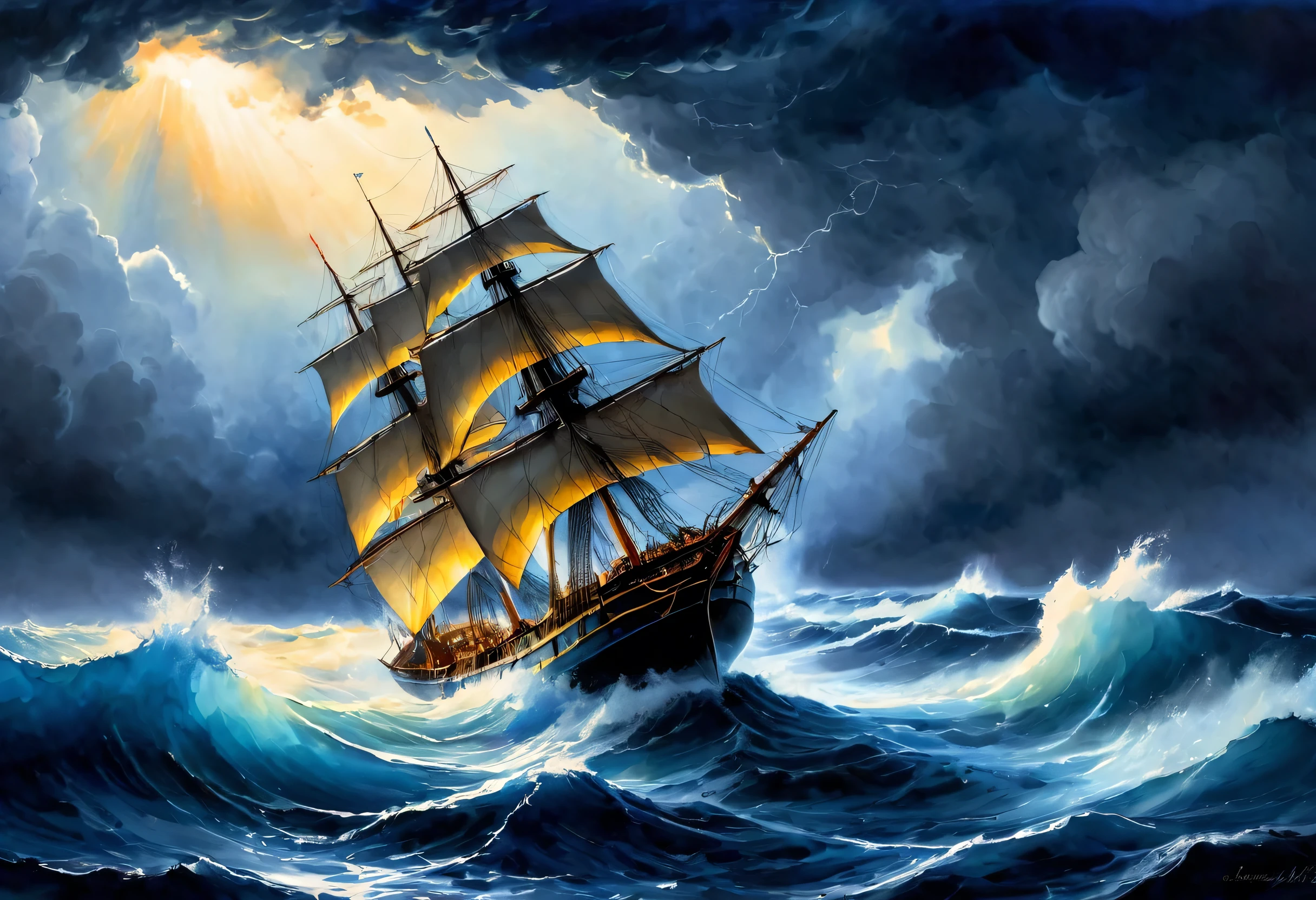 hyperrealistic painting, inspired by Aivazovsky's work, depicts a ship, in distress during a storm., personifying despair and impending giggling belle, watercolor shades of the brightest spectrum, background, imbued with a sense of urgency, the blue pigment, flowing over the edges of the canvas, evoking a sense of epic drama, hyperdetail licked, emotional shock captured, Masterpiece evoking horror, panic , voltage, Blue paint . best quality, Masterpiece, ultra high resolution
