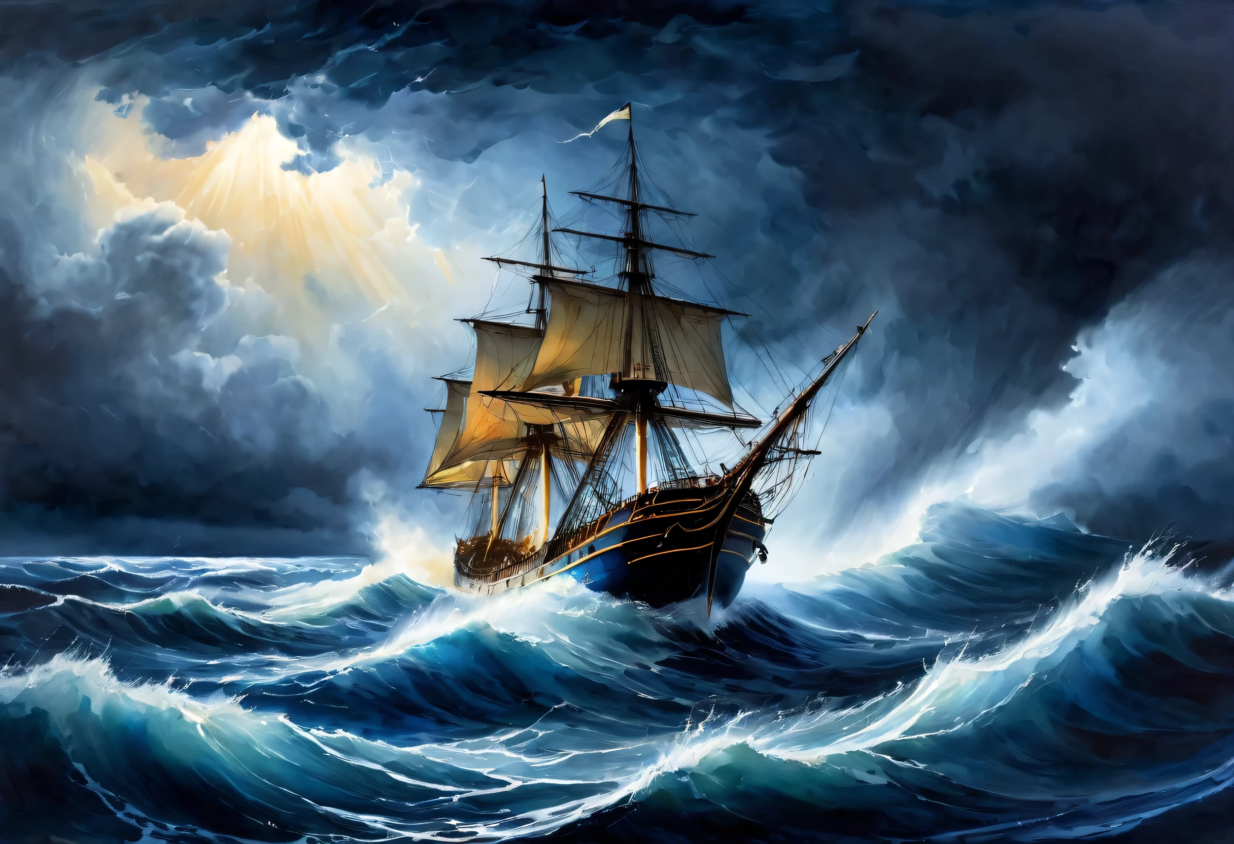 hyperrealistic painting, inspired by Aivazovsky's work, depicts a ship, in distress during a storm., personifying despair and impending giggling belle, watercolor shades of the brightest spectrum, background, imbued with a sense of urgency, the blue pigment, flowing over the edges of the canvas, evoking a sense of epic drama, hyperdetail licked, emotional shock captured, Masterpiece evoking horror, panic , voltage, Blue paint . best quality, Masterpiece, ultra high resolution