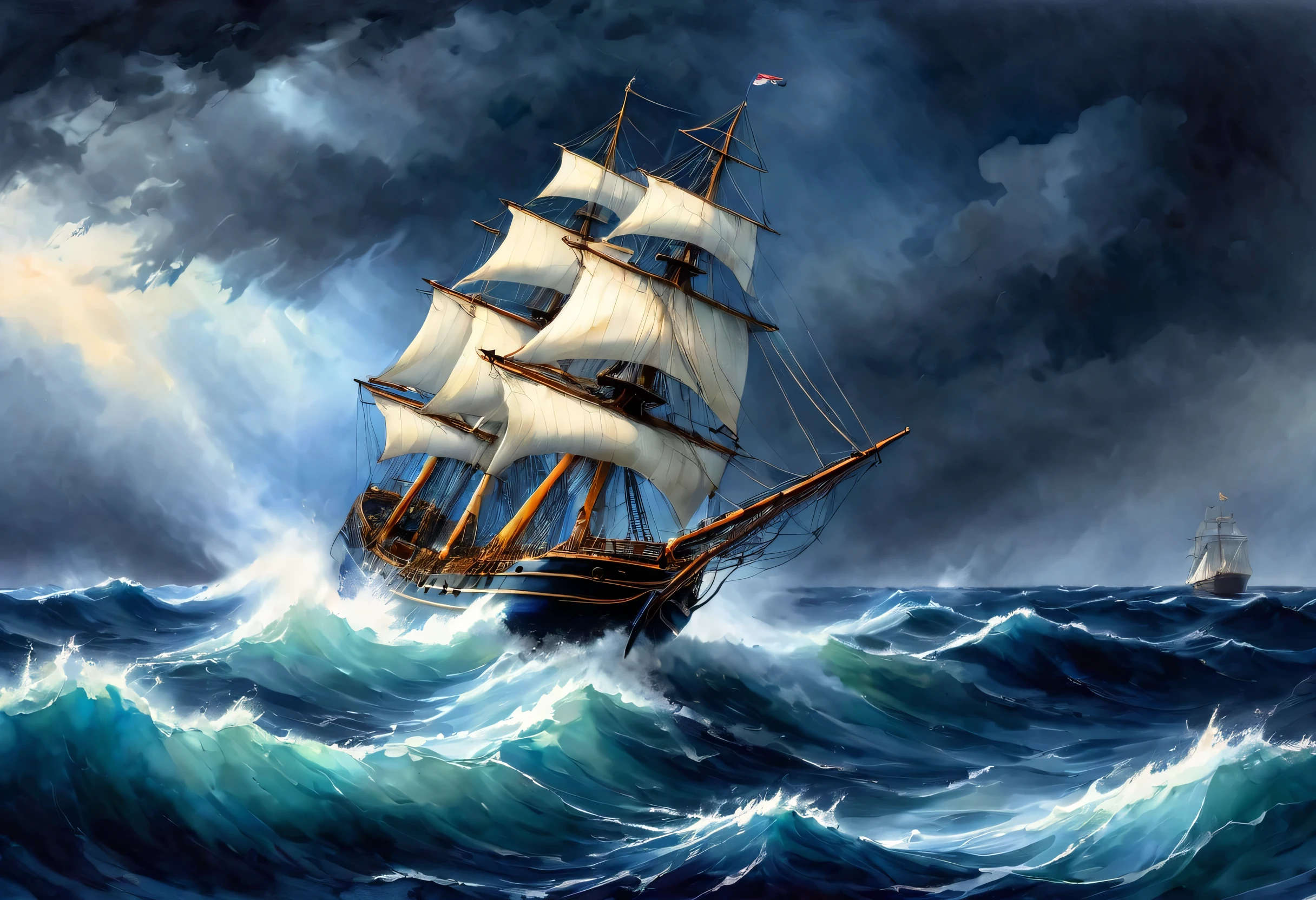 hyperrealistic painting, inspired by Aivazovsky's work, depicts a ship, in distress during a storm., personifying despair and impending giggling belle, watercolor shades of the brightest spectrum, background, imbued with a sense of urgency, the blue pigment, flowing over the edges of the canvas, evoking a sense of epic drama, hyperdetail licked, emotional shock captured, Masterpiece evoking horror, panic , voltage, Blue paint . best quality, Masterpiece, ultra high resolution