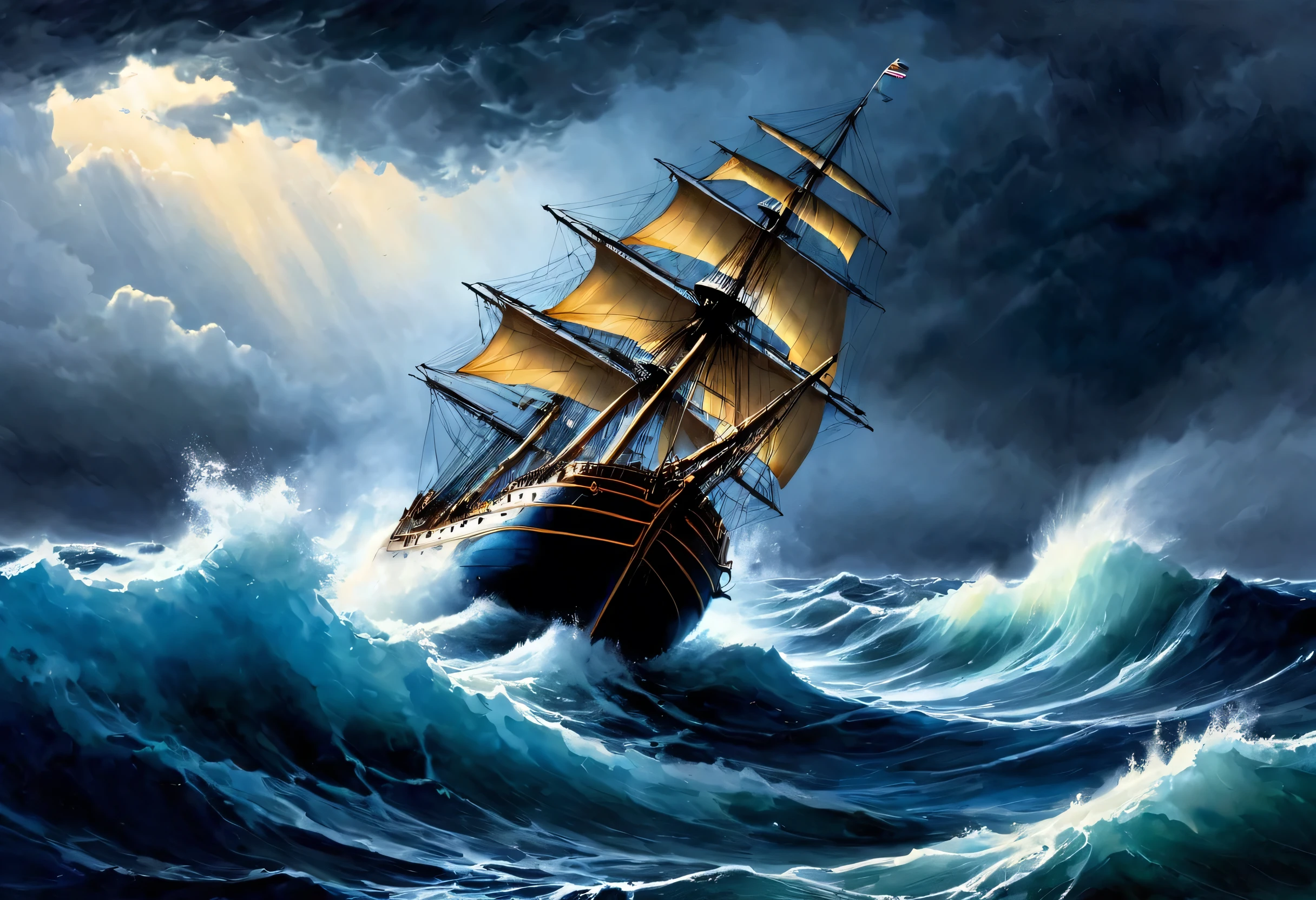 hyperrealistic painting, inspired by Aivazovsky's work, depicts a ship, in distress during a storm., personifying despair and impending giggling belle, watercolor shades of the brightest spectrum, background, imbued with a sense of urgency, the blue pigment, flowing over the edges of the canvas, evoking a sense of epic drama, hyperdetail licked, emotional shock captured, Masterpiece evoking horror, panic , voltage, Blue paint . best quality, Masterpiece, ultra high resolution
