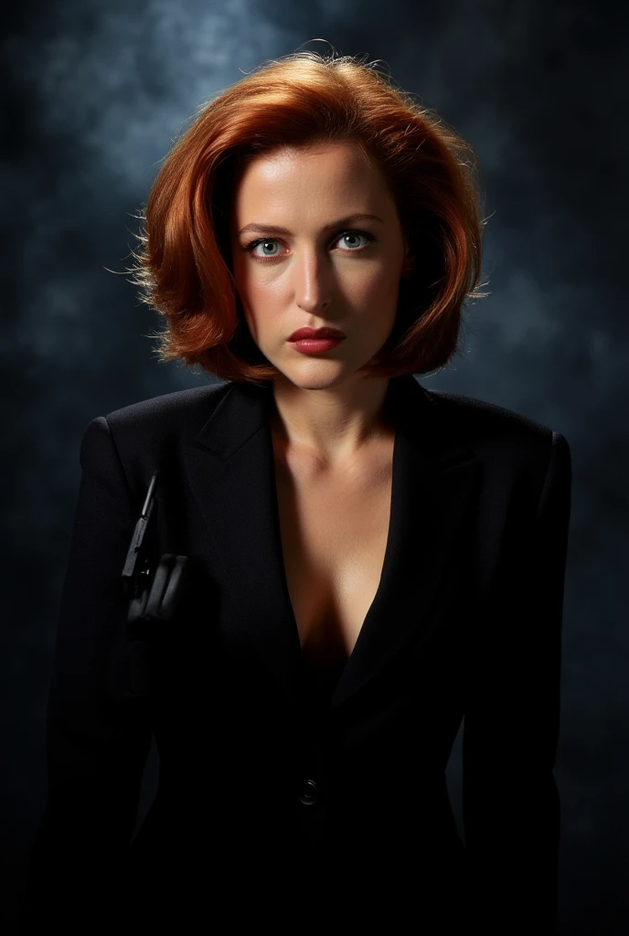 Inside the dimly lit halls of a abandoned factory, agentscully, 25 years old, investigates, she advances, undaunted by the unknown horrors that lurk within ((pulp_comic, heavy_lines, hand_drawn, hand_inked, hand_colored, perfect_face, apxlz))