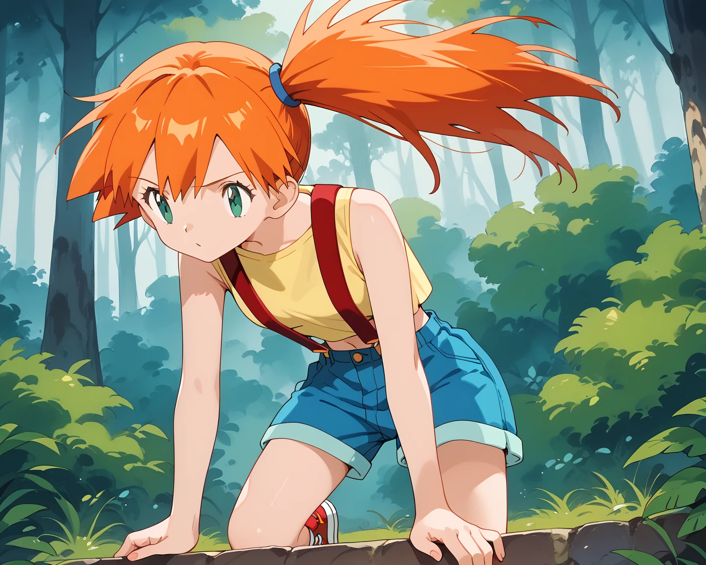<lora:kenpuu_denki_berserk-10:1>, kenpuu_denki style, squatting,smile,1girl ginger, wendy,  freckles,forest,green shirt