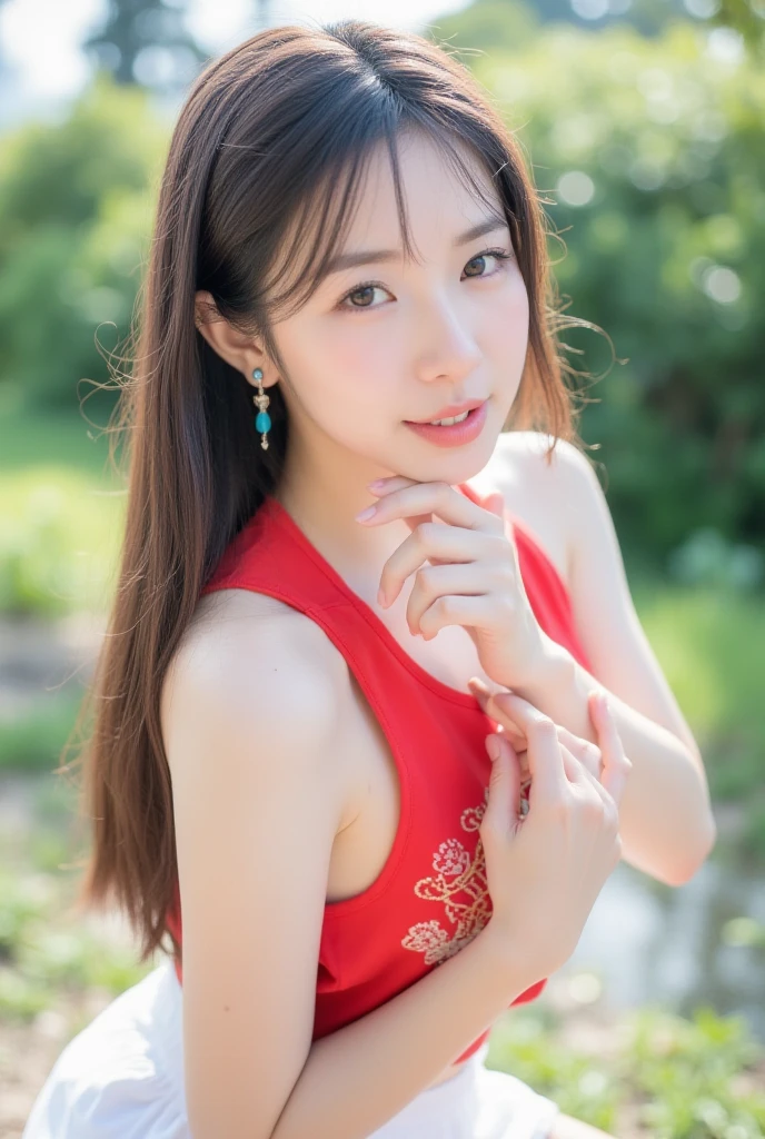 (masterpiece,Highest quality:1.4),(8k,RAW Photos,Photorealistic:1.4),(Glowing Skin),Detailed skin,Detailed face,Detailed eyes,Sparkling eyes:1.3,Symmetrical eyes,(Detailed 2024teen ),Ultra-detailed backgrounds,Detailed hands,One person, Japanese Idols,Natural Breasts,15yo,,,pretty charming, ((Beautiful Face)),sexy Instagram style,Great location,smile,upper body,,Browsing Caution,Fluttering Hair