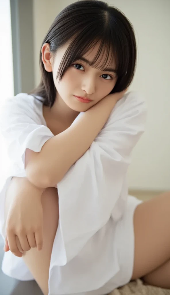 masutepiece, Best Quality, ((top-quality、8K、masterpiece:1.3))、超A high resolution、Physically Based Rendering、(Photorealsitic:1.37)、Beautiful woman with perfect body:1.4、Slim abdomen:1.2、Highly detailed facial and skin texture、 large full breasts、Red cheeks、de pele branca、big breasts thin waist,Thin leg、top-quality,ultra-detailliert,masterpiece,realisitic,Photo Real,Bright lighting, Very beautiful 12 year old girl, (kawaii:1.2),perfect glossy skin,flawless skin,((accurate hands without incongruity)), Big smile, (brown haired),(Short bob hair),((white t-shirts)),((Lower body nudity))、(((sleeps in a bed)))、((Pubic hair is visible))、((a wet body))、((sleep))、((eye closed))、((hands above your head))