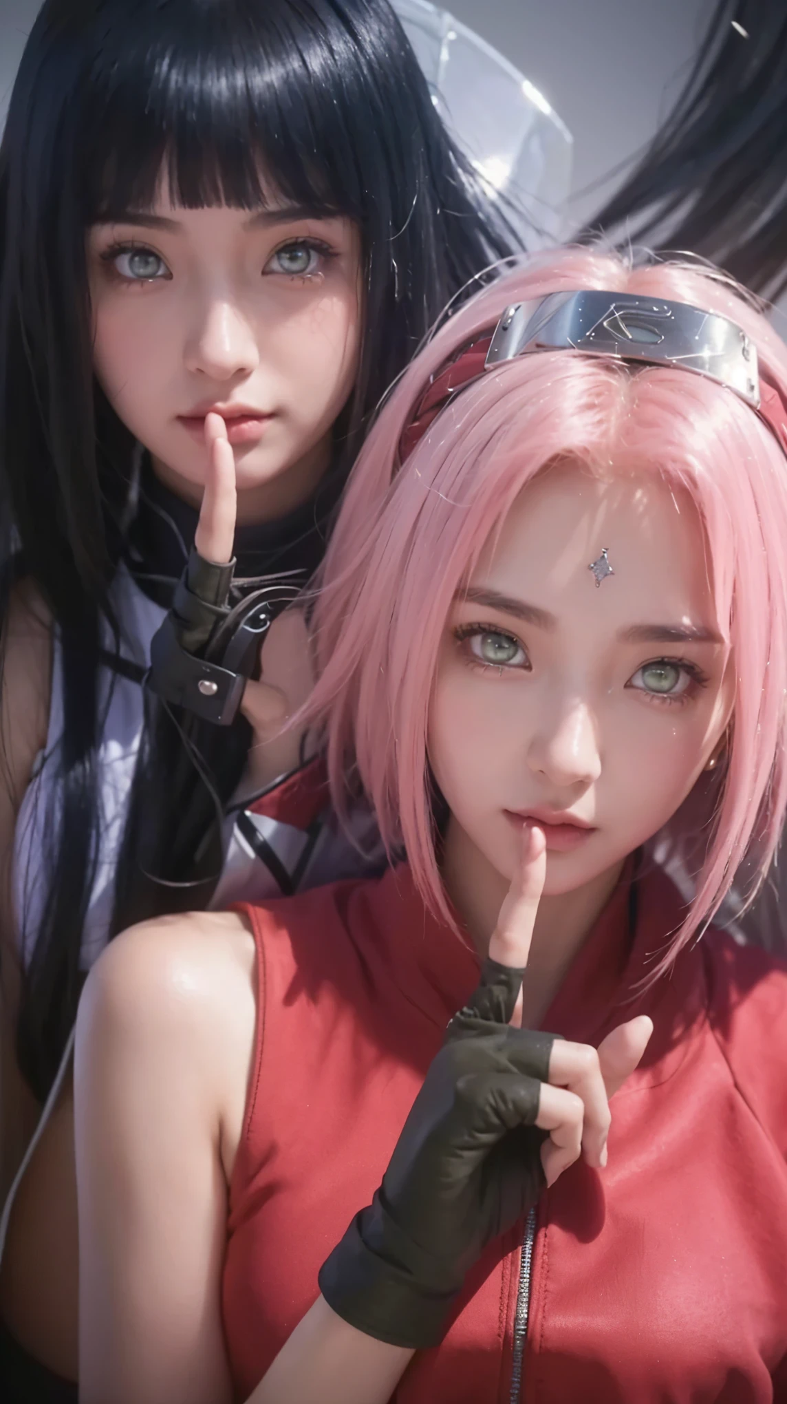 score_9,score_8_and_above,score_7_and_above,8k,realistic,photorealistic,beautiful face,detailed face,detailed eyebrows,natural make-up,large breasts,perfect fingers,thin lips,shiny lips,(2 girls:1.3),((complex)),
BREAK
1 girl in front, Sakura Haruno, a Japanese girl, (((green eyes, green pupils))), short hair, pink hair, a diamond on her forehead, perfect fingers
BREAK
1 girl in the back, Hinata Hyuga, a Japanese girl, (((white eyes, gray pupils))), long hair, black hair, straight hair, bangs, perfect fingers
Realistic