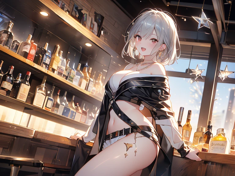 ((((masterpiece, best quality, high resolution)))), from above,illustration,1girl, looking at viewer, light smile, (breast focus), (arms behind back:1.2), average breasts, (breasts out:1.2), midriff, collarbone, nighttime, sweat, (black Playboy bunny suit, highleg leotard, Origleotard, thighhighs, pantyhose, rabbit ears, high heels), night bar, night light, seductive expression, seductive eyes, suggestive looks,