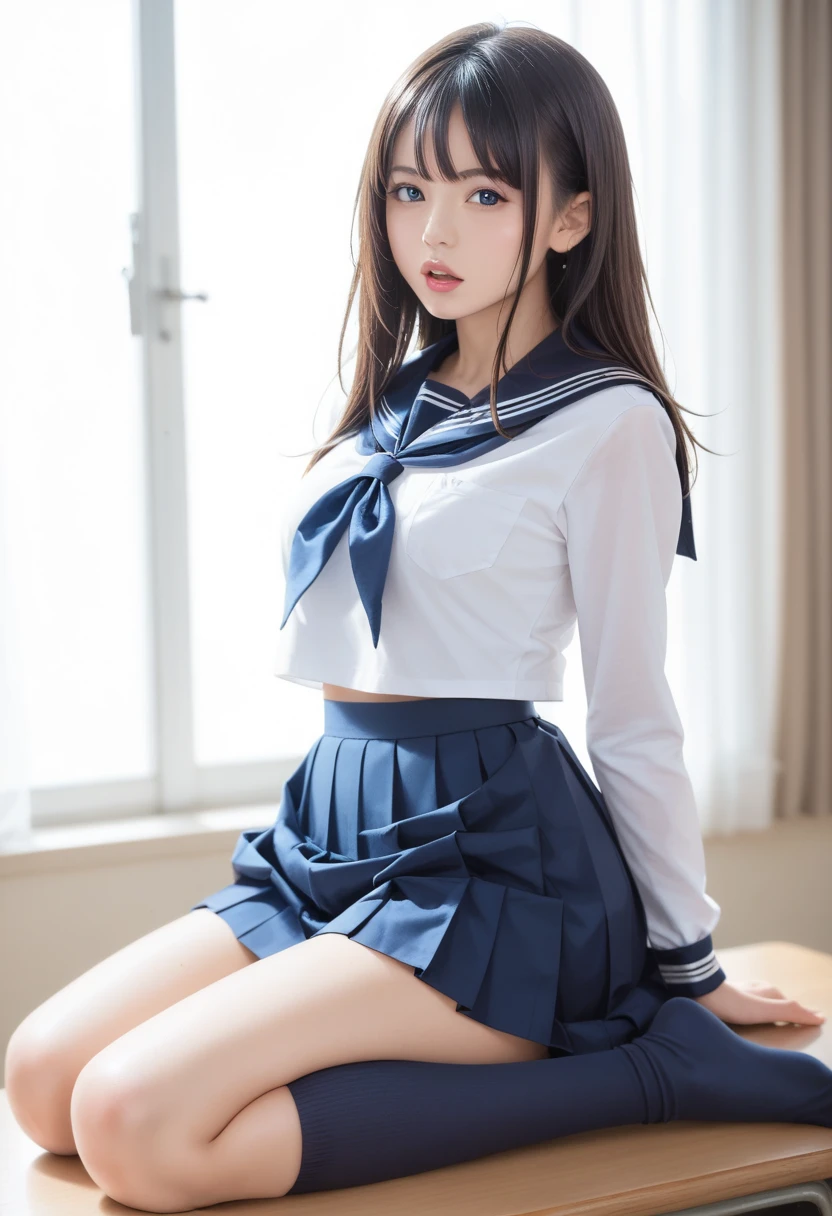 (highest quality,masterpiece:1.3,Ultra-high resolution),(Very detailed、Caustics) (Realistic:1.4, RAW shooting、)Ultra-Realistic Capture、Very detailed、Natural skin texture、masterpiece、(Japanese girls wearing high school sailor uniforms:1.3)、Adorable expression、Expressions of happiness、14 years old、Height: 148cm、Young Face、Amazingly cute、Twin tail hairstyle、Straight hair、Scrunchie、Black Hair、light makeup、Slightly large breasts、Bare arms、Shining thighs、Shining ass、Filmed in a junior high school classroom、Background in detail、(Hold your legs with your hands and open them) 、Satin fabric panties are visible、smile、An inviting gaze、Anatomically correct、Cowboy Shot、Attention to detail、Pose that emphasizes the legs、