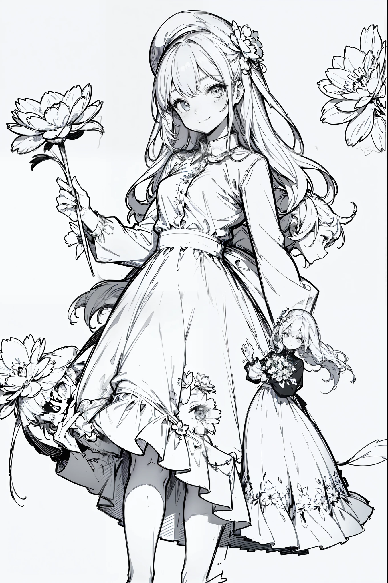 line art , Line Art、Black and White、Gray Hair、 White Outfit 、Simple lines、masterpiece, top quality,1. sketch, ((1. Line Art)), ( pencil drawing), Barbie Happy Girl with a bunch of flowers, alone, long hair,, smile, fringe , Skirt, shirt, Long Sleeve, Sombrero, dress, closed his mouth, flower, flower, flower, Holding a bunch of flowers, flower, line art ,((sketch)), white background, Draw a line,simple background, high definition,