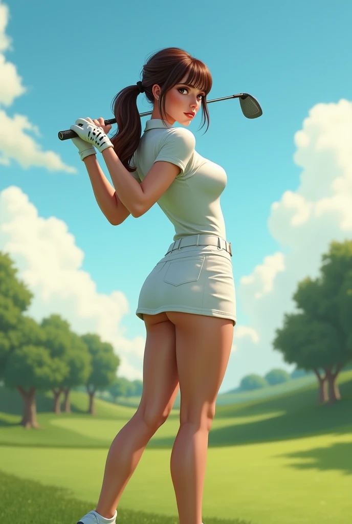 A girl playing golf with big tits 