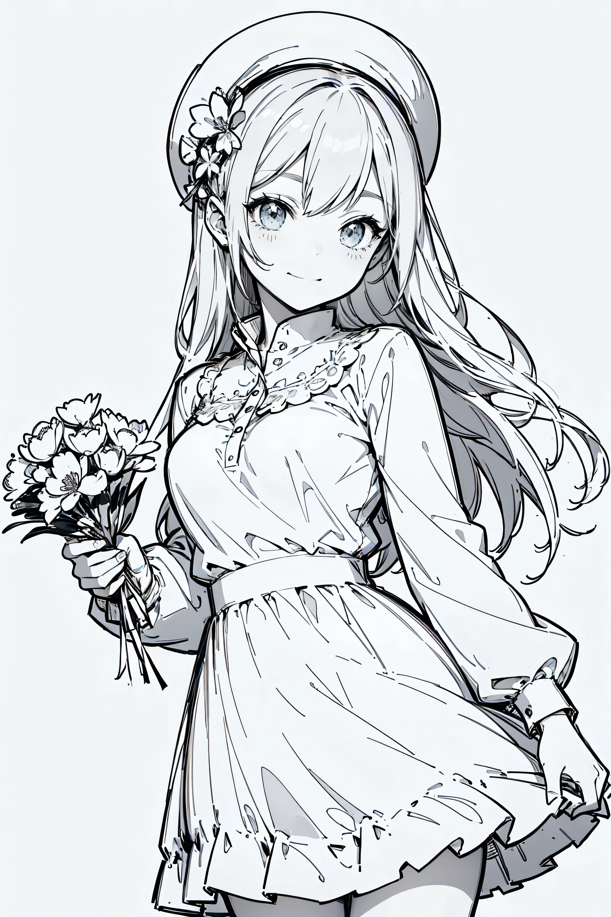 line art , Line Art、Black and White、Gray Hair、 White Outfit 、Simple lines、masterpiece, top quality,1. sketch, ((1. Line Art)), ( pencil drawing), Barbie Happy Girl with a bunch of flowers,bust up, alone, long hair,, smile, fringe , skirt, shirt, Long Sleeve, Sombrero, dress, closed his mouth, flower, flower, flower, Holding a bunch of flowers, flower, line art ,((sketch)), white background, Draw a line,simple background, high definition,