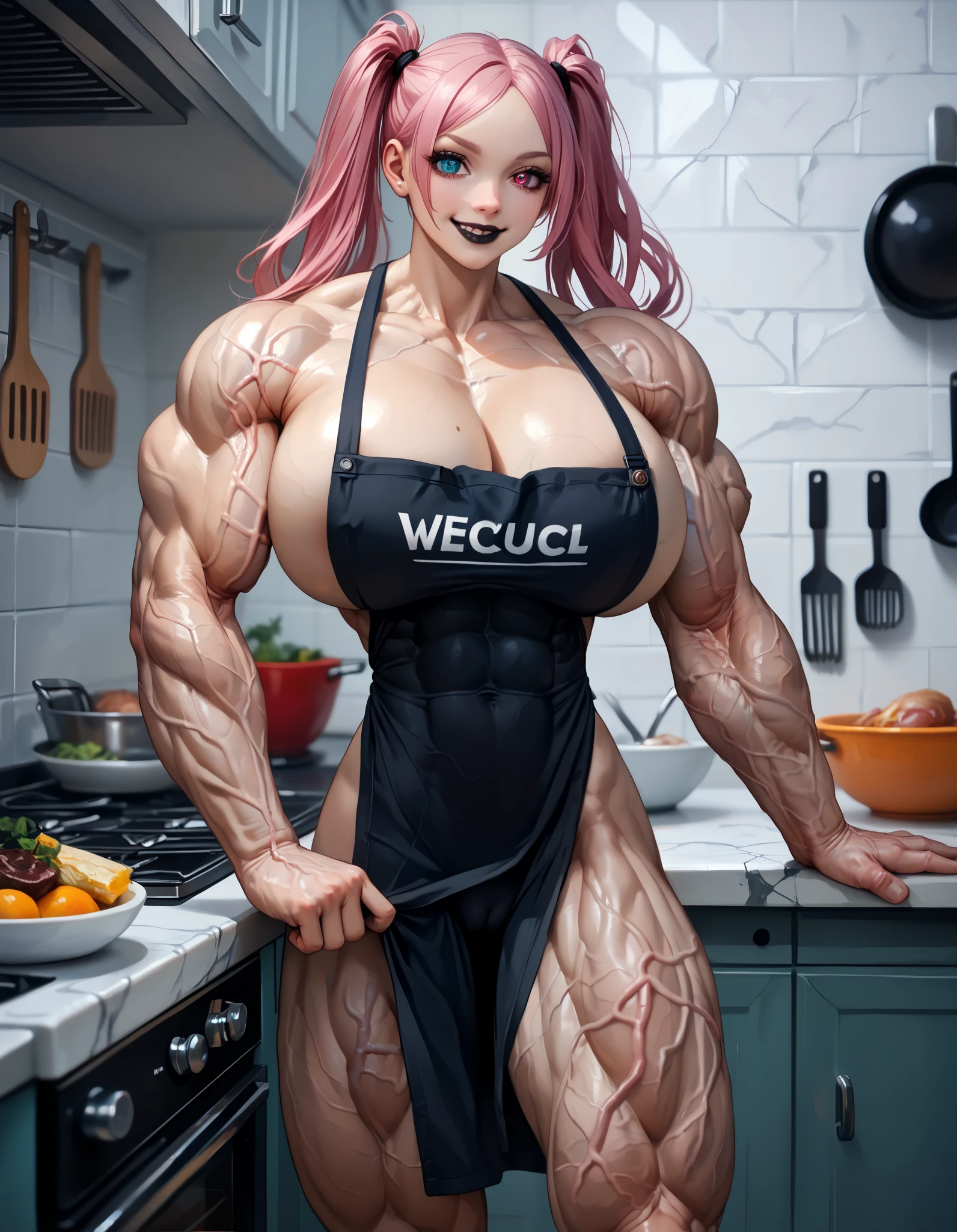 ((((Massive beautiful, buff, bulky, pale white skinned muscular, female chef with cyan hair, ginormous bulky muscles, cooking and wearing a cyan turtleneck sweater with a denim pants and a long apron)))), close view, vascular, massive muscle, massive biceps, hyper muscle shoulders, vascular shoulders, hyper muscle triceps, (long beachy hair), purple eyes, (denim pants), (high heel boots), sensual smile, (a long apron), (in a restaurant kitchen), at evening, Vascular arms, hyper vascular arm, hyper muscles arms, hyper muscle legs, massive buff arms
