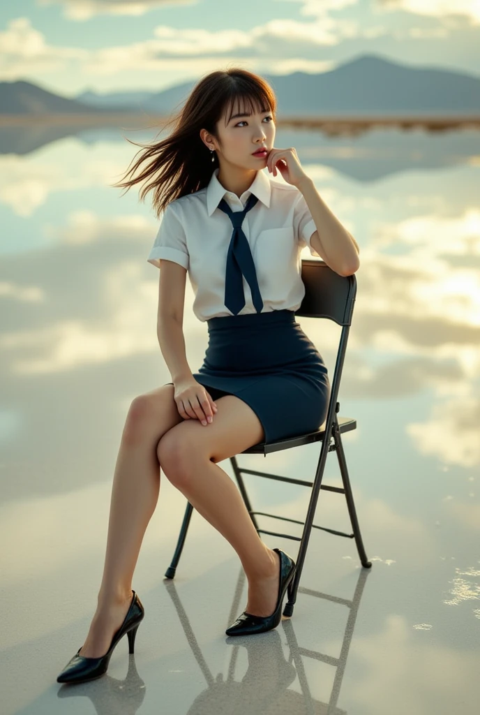 セクシーで美しい日本人女性, 護身術指導員の制服, 白い半袖シャツを着ている, ネイビーブルーのネクタイ, 紺色のペンシルスカート